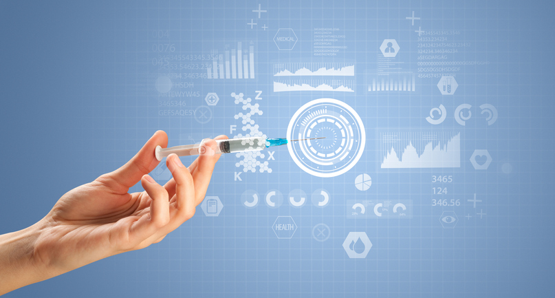 female doctor holding syringe with aesthetics industry statistics in the background