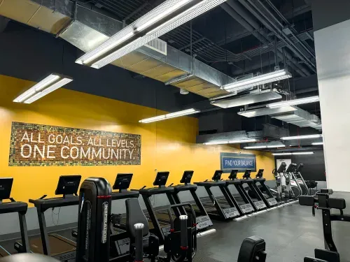 Row of treadmills and elliptical machines in a modern gym with motivational wall signs.