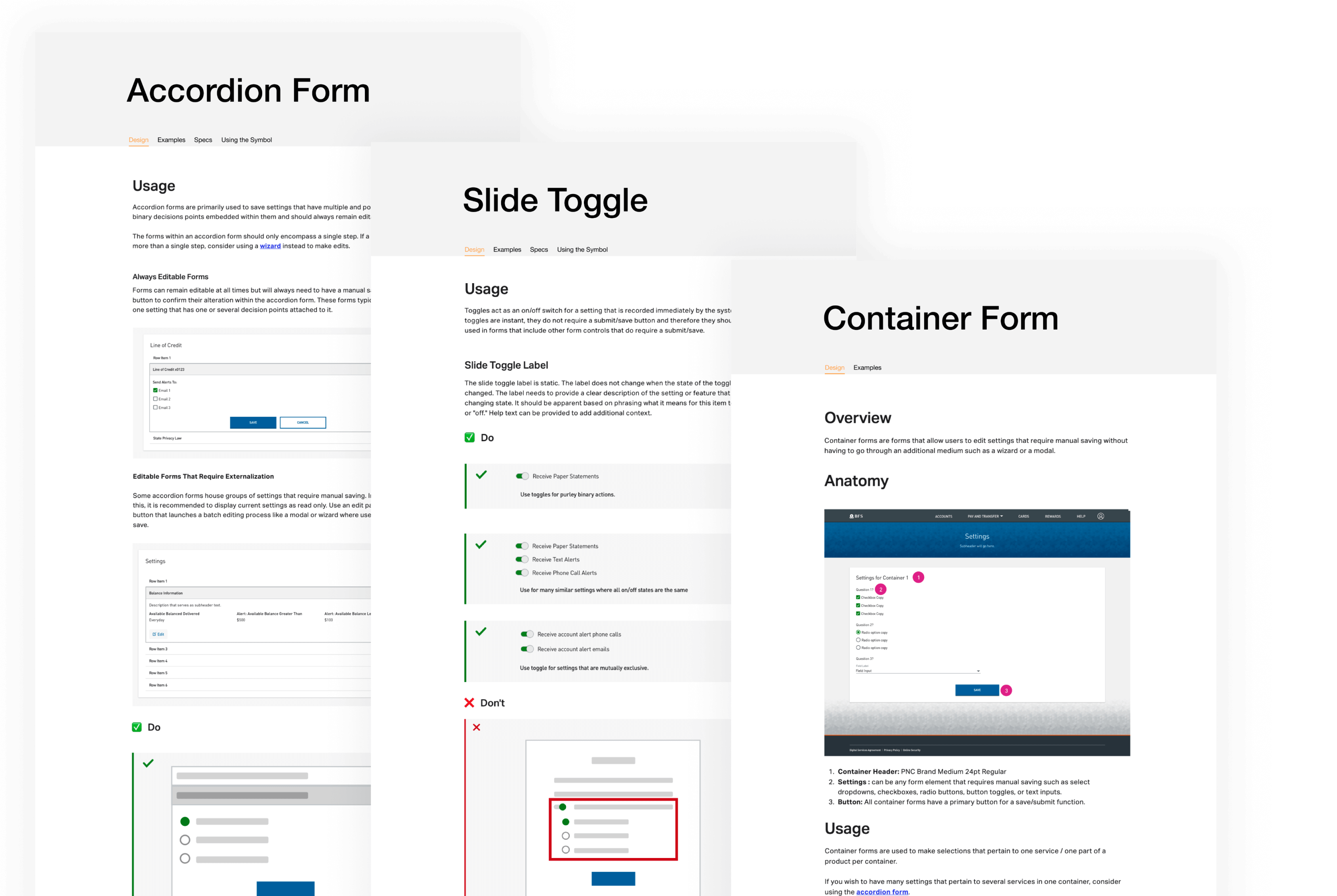 showcase of new documentation drafted for container form, slide toggole and accordion form