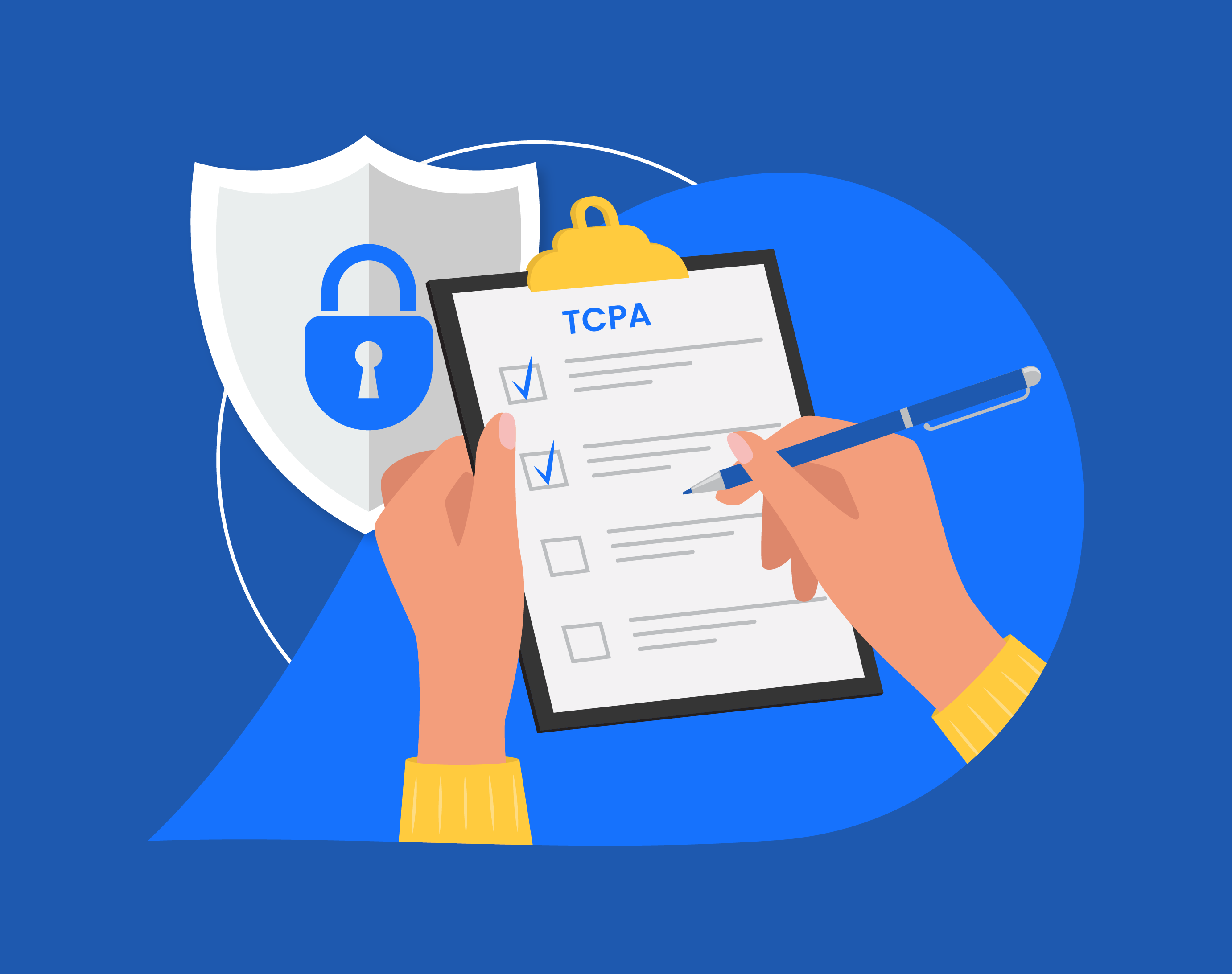 Illustration of hands holding a clickboard with a checklist labeled "TCPA." Lock and shields icons represent compliance.
