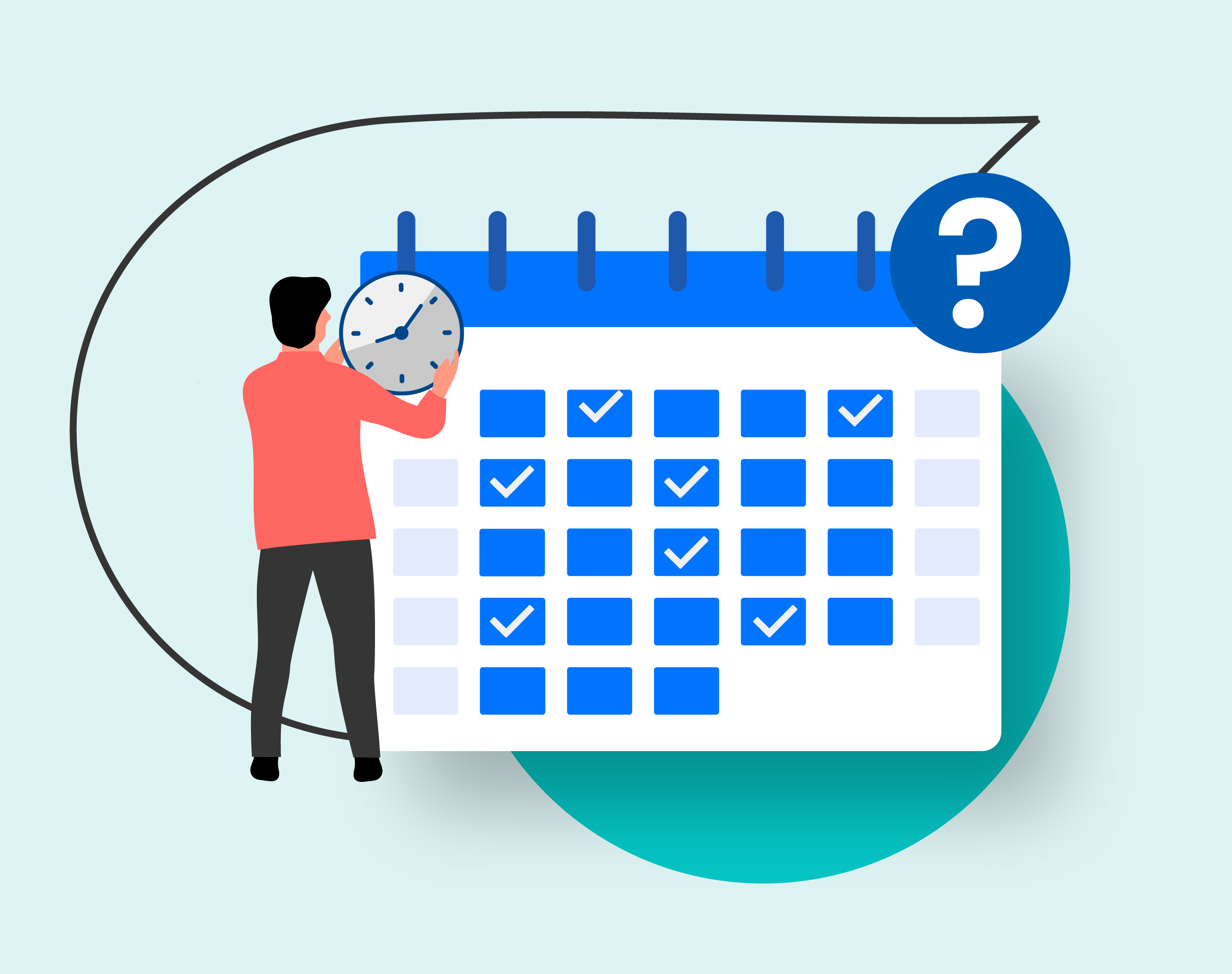 Illustration of person in front of a calendar with question marks, indicating the question of what is the best time to contact seniors during AEP.