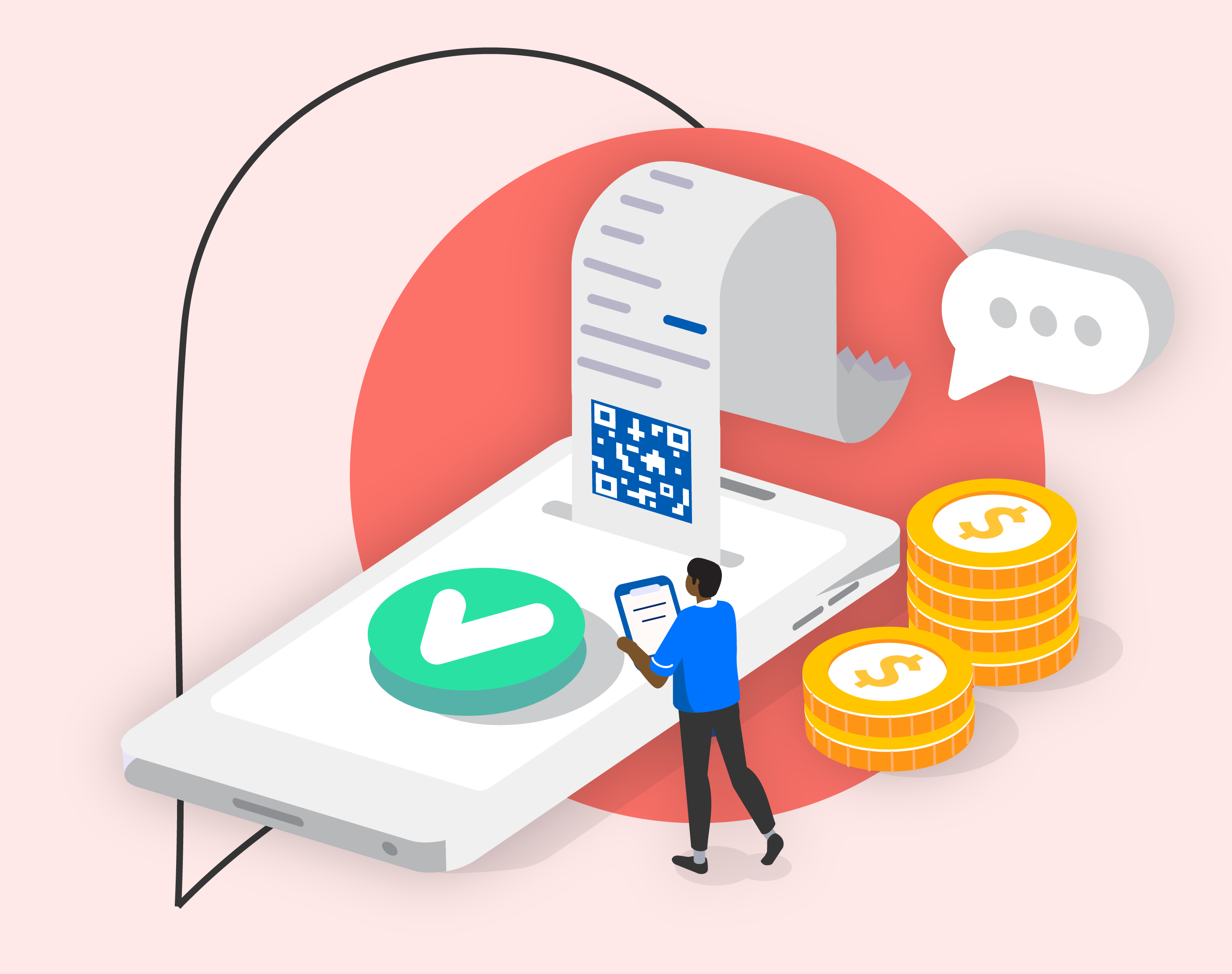 An illustration representing billing outreach with a receipt coming from a smartphone.