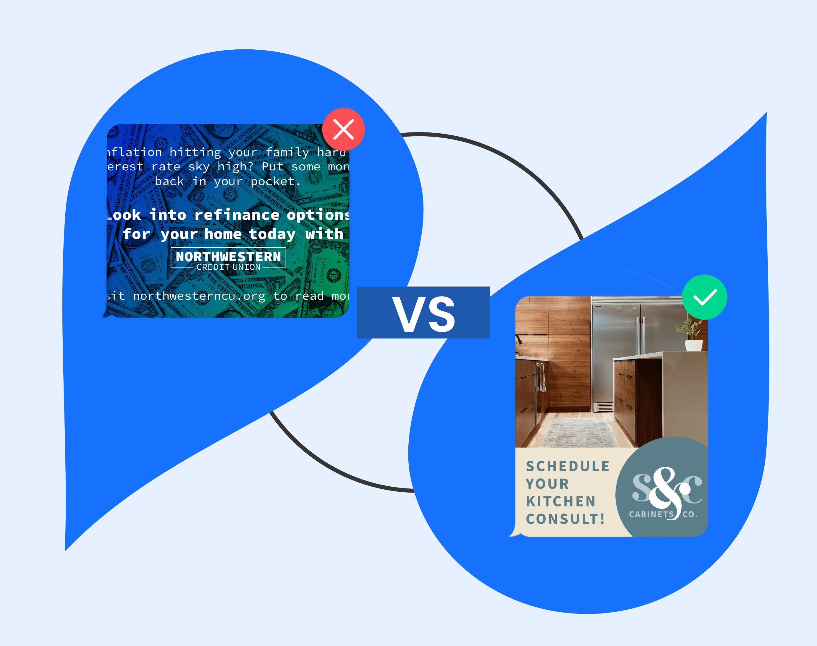 Two examples of images for MMS. The left is text-heavy and cramped. The right is simple and engaging, following MMS best practices.