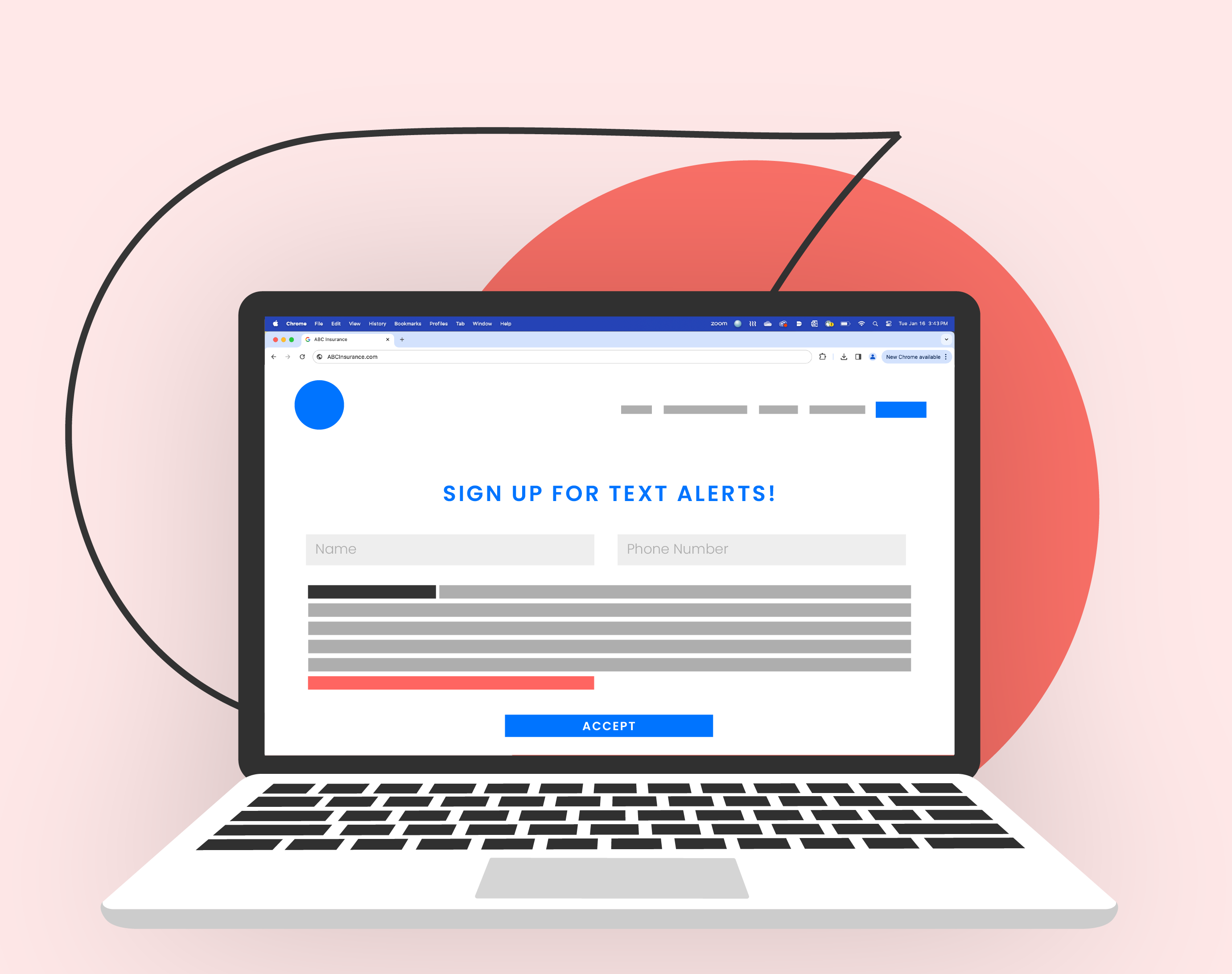 An illustration of a contact form on a website. It's important to include a valid TCPA disclosure statement.