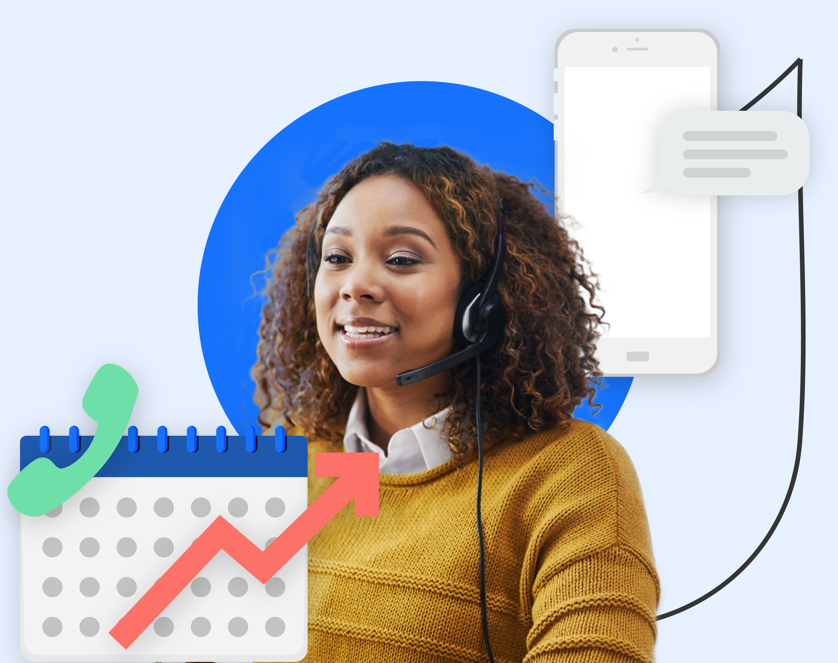 A graphic showing a call center employee, with icons to indicate SMS outreach and increased efficiency.