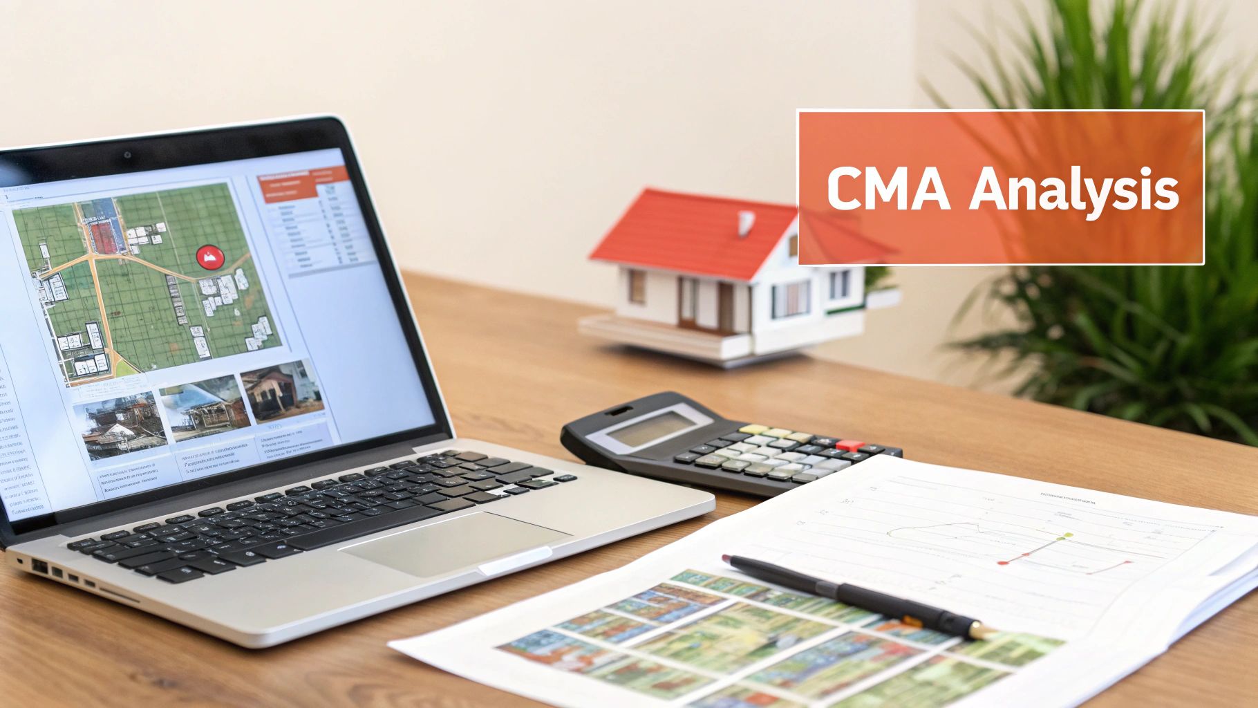 A laptop displaying property data, a miniature house model, calculator, and CMA Analysis documents on a desk.