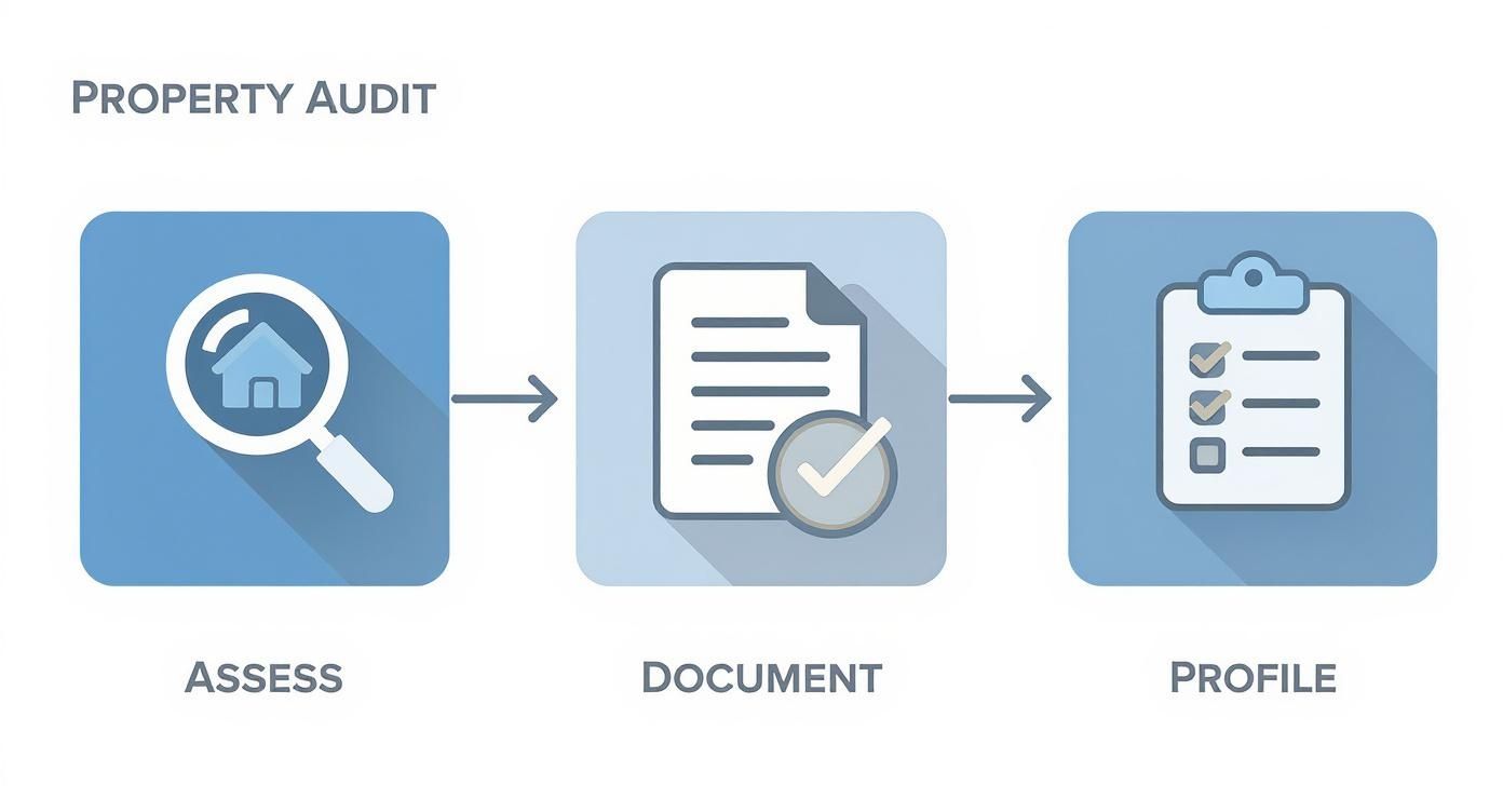 Infographic showing a property audit process with three steps: assess, document, and profile.