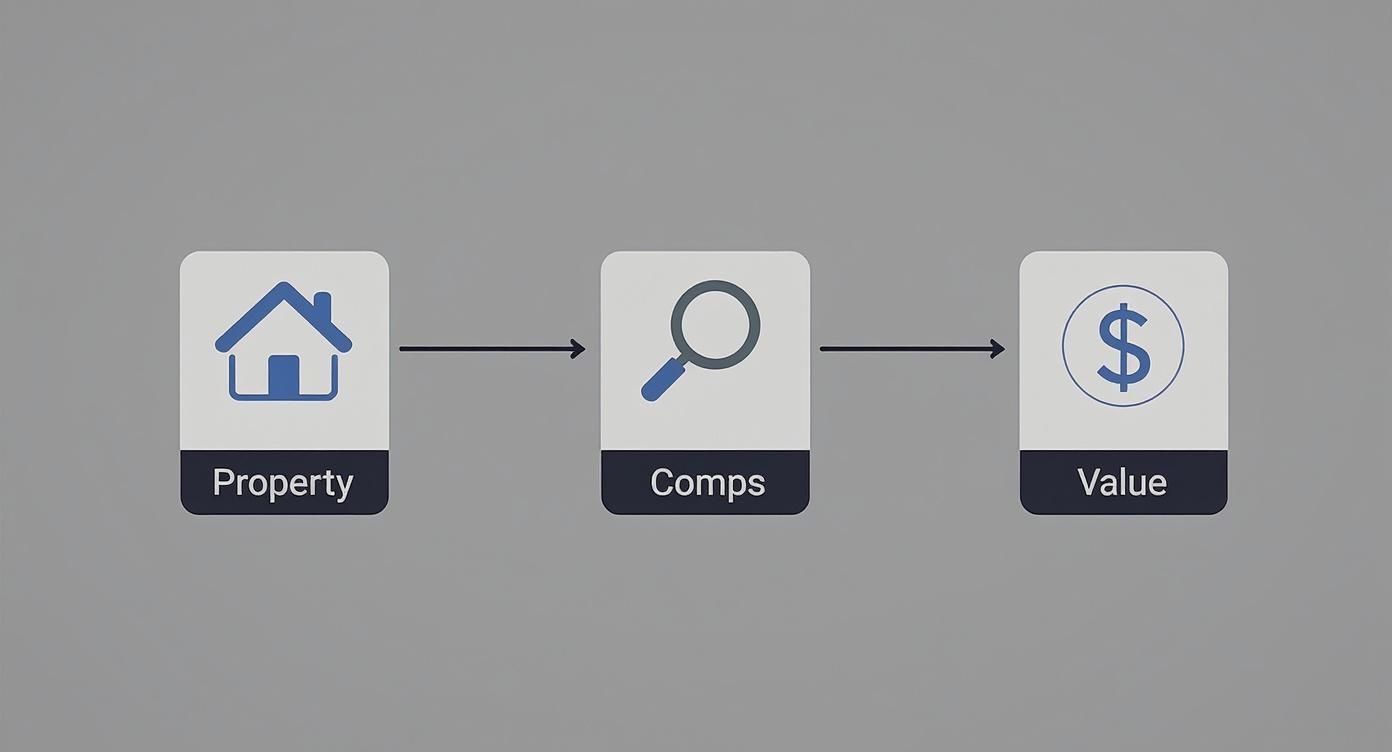 A flowchart illustrating the process of real estate valuation, moving from property, to comps, to value.