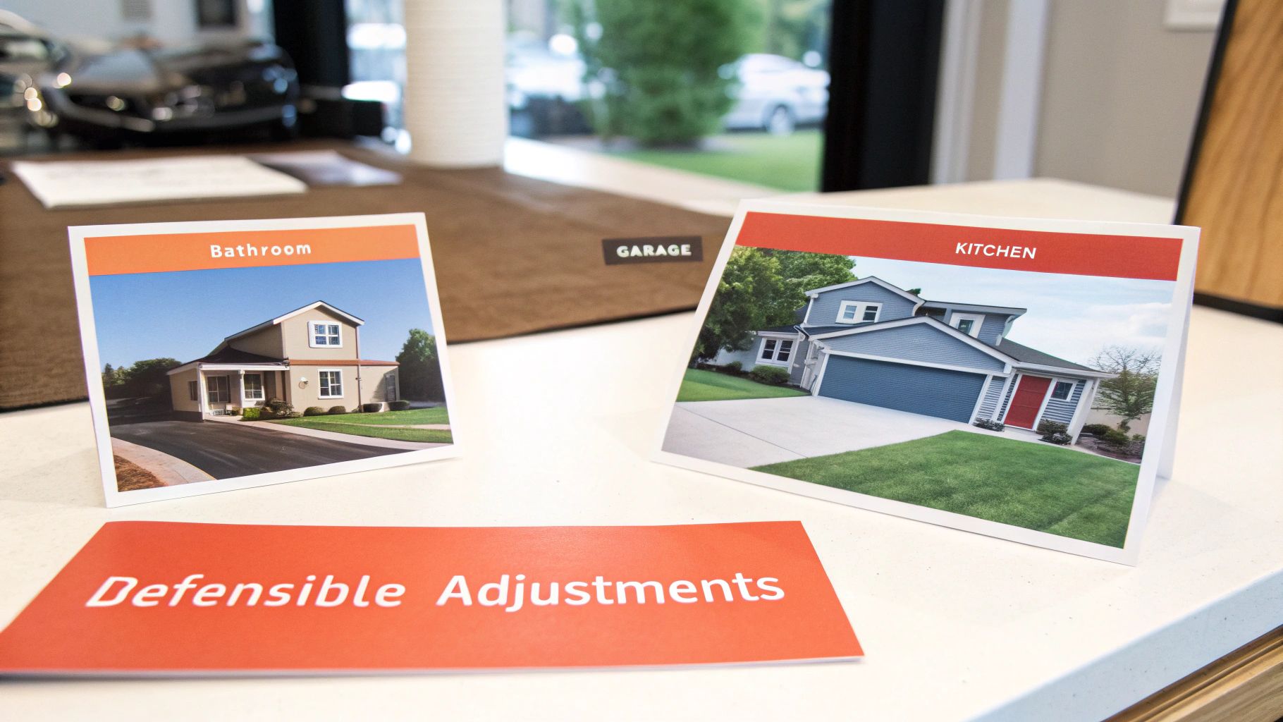 Three white cards on a table, labeled 'Bathroom', 'Kitchen', and 'Garage', with a 'Defensible Adjustments' card.
