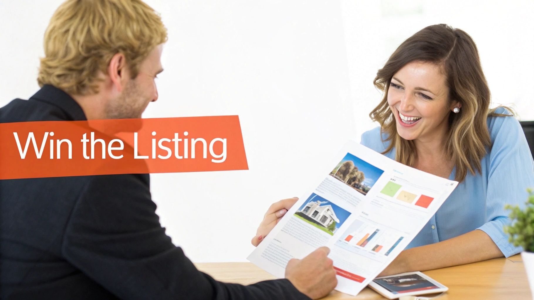 A man and a smiling woman reviewing a real estate listing document with property images and charts.