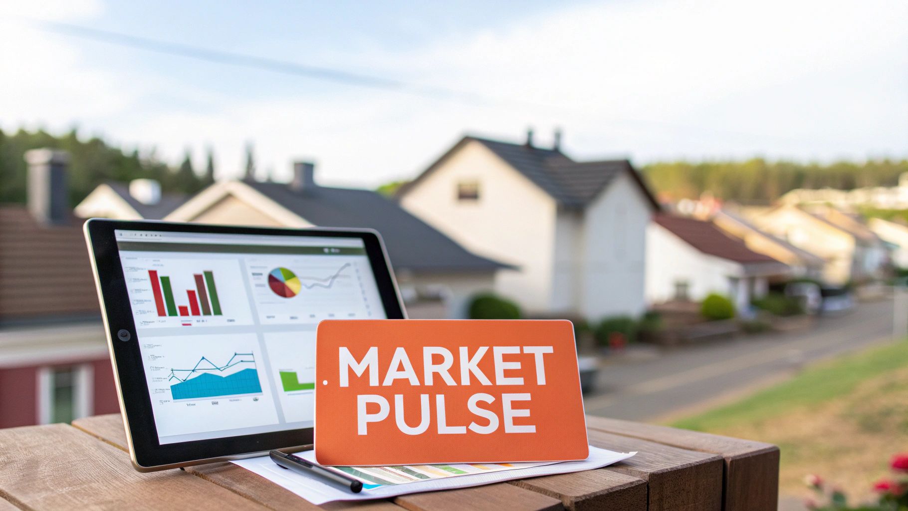 A tablet displays market analysis charts and graphs next to a 'MARKET PULSE' sign, with houses in the background.