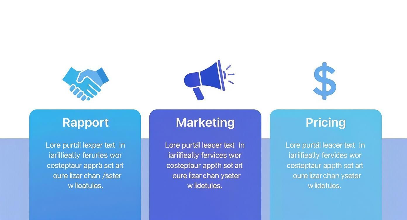 Three blue boxes showcasing business concepts: rapport with a handshake, marketing with a megaphone, and pricing with a dollar sign.