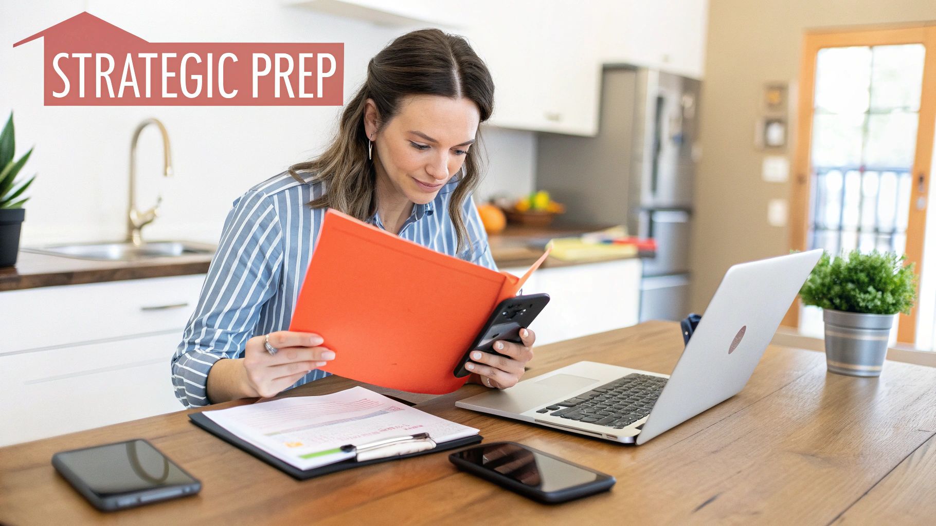 Woman reviewing documents in an orange folder and using a smartphone at a home desk with a laptop.