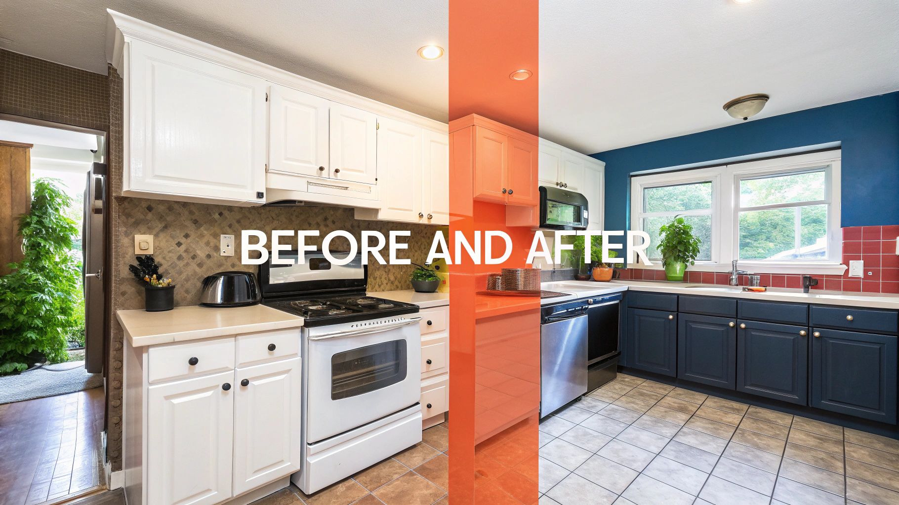 Before and after kitchen renovation showing transformation from white cabinets to blue cabinets with red backsplash