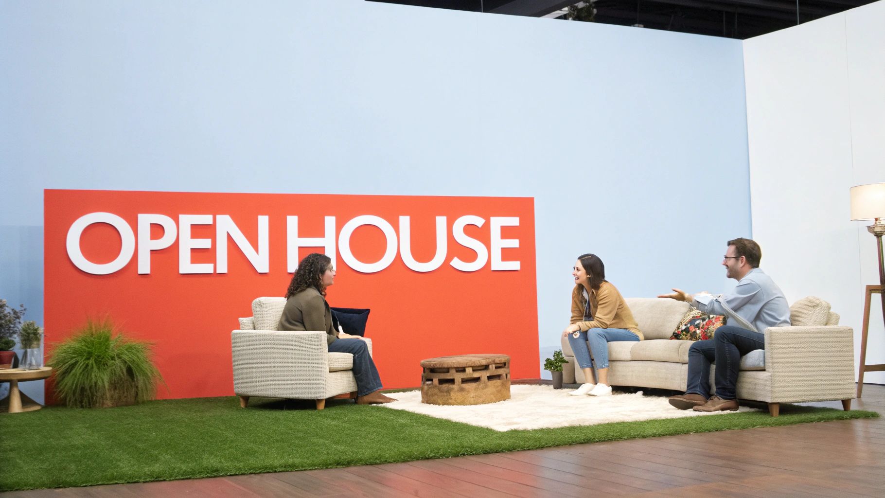 Real estate agent conducting open house consultation with couple on modern outdoor furniture setup
