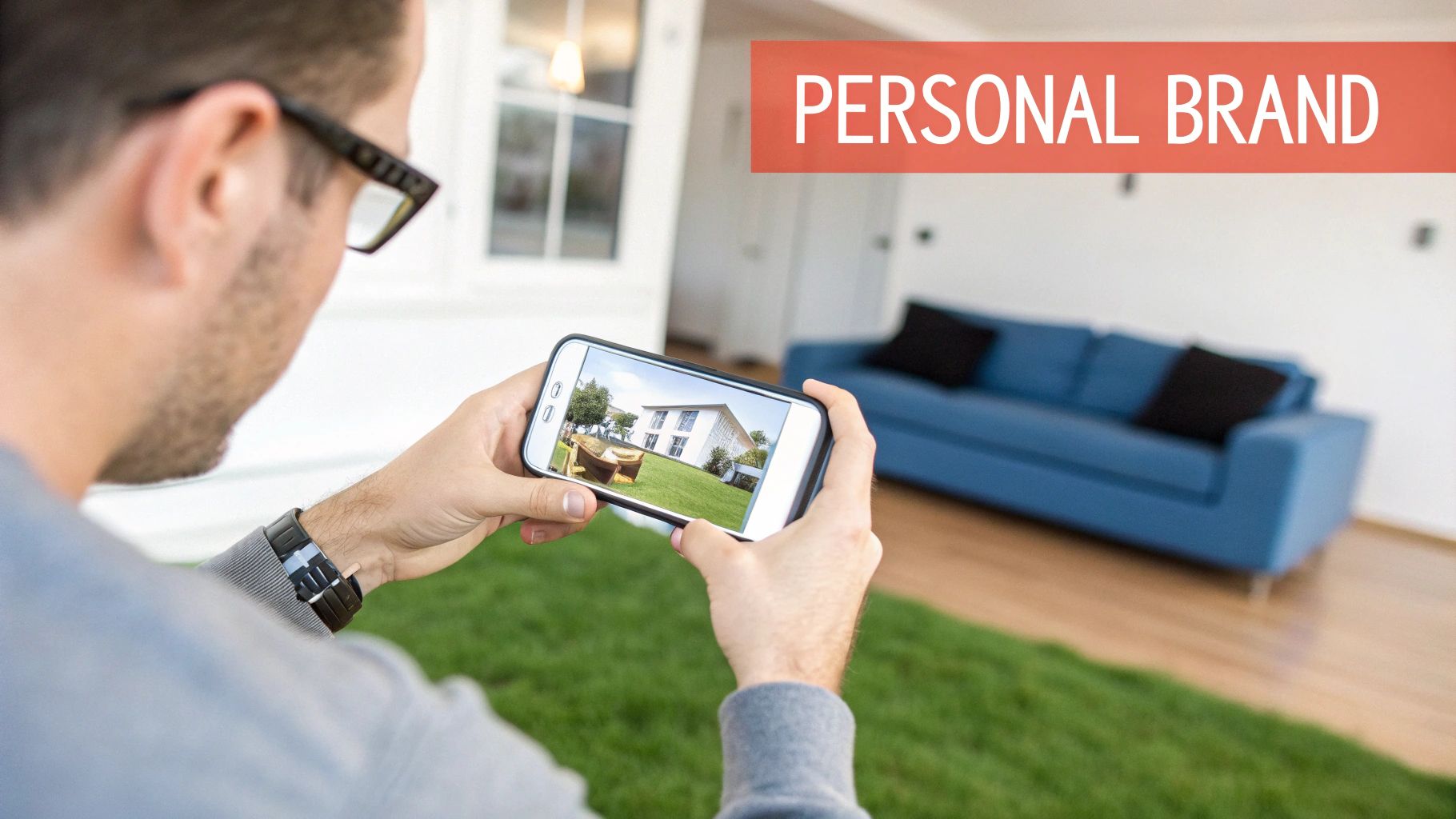 Real estate agent using smartphone augmented reality app to view property exterior from living room