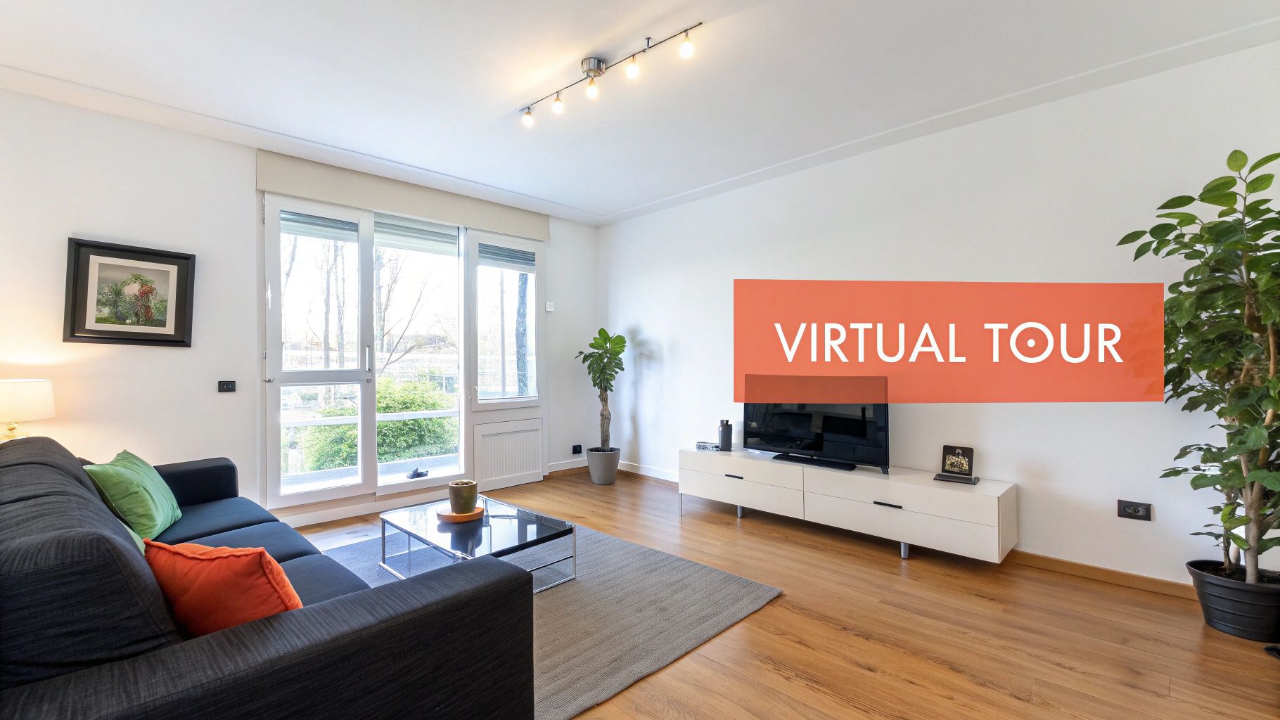 Modern living room with virtual tour banner overlay for real estate marketing presentation