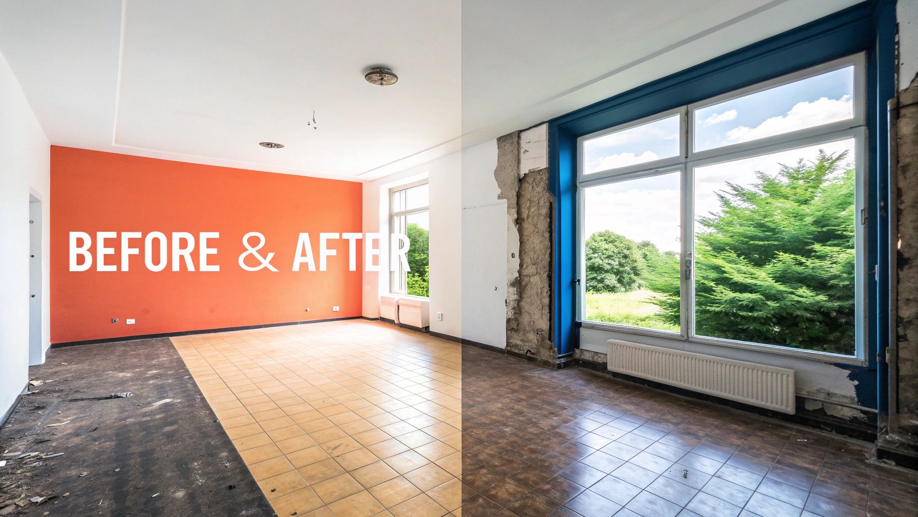 Before and after renovation comparison of empty room with orange wall and large windows