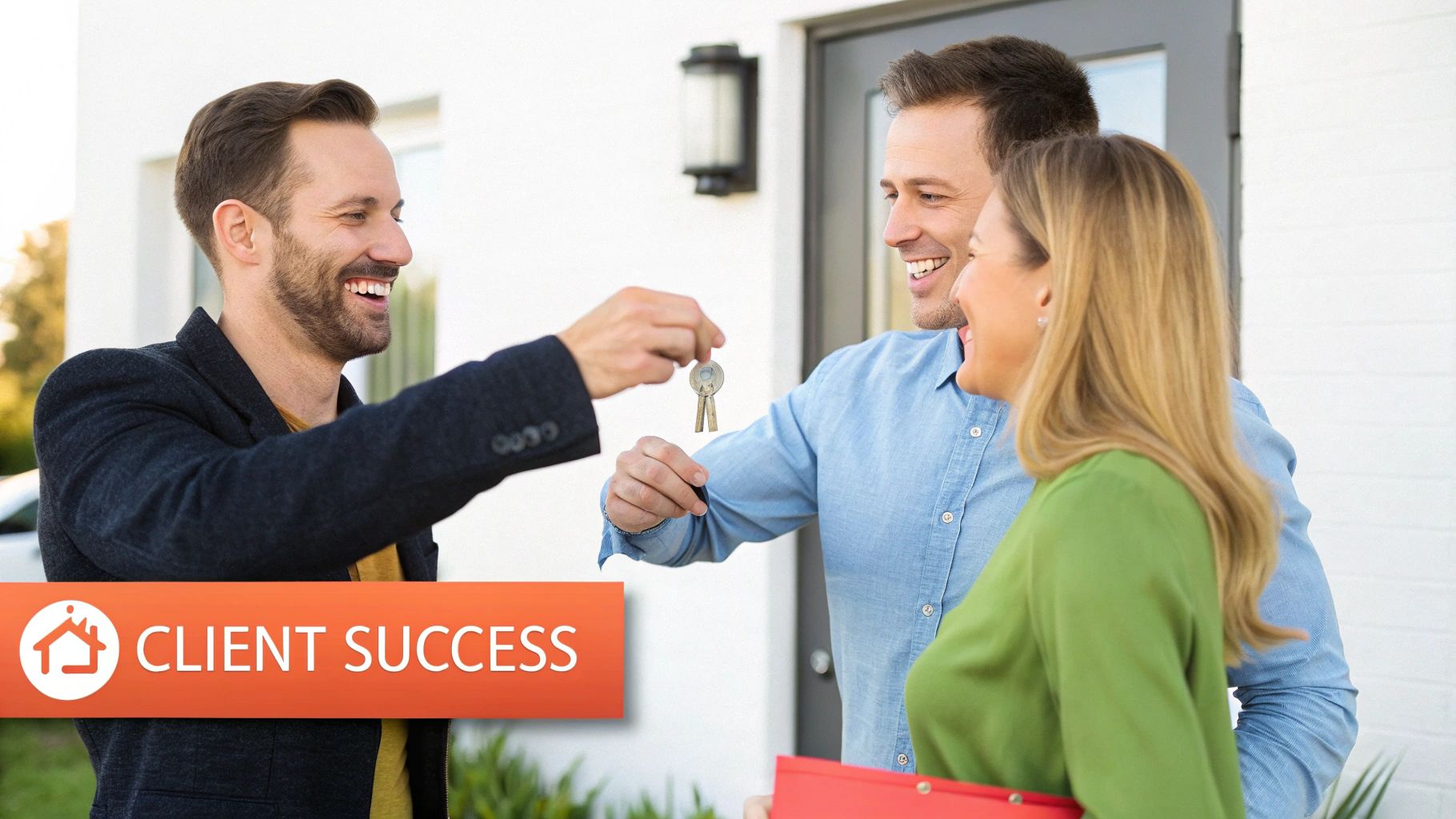 Real estate agent handing house keys to happy couple celebrating new home purchase