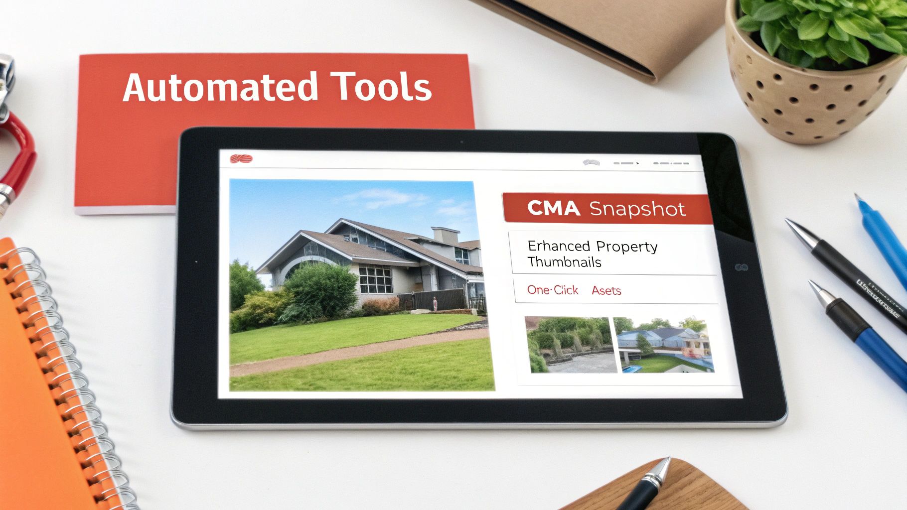 Tablet displaying CMA Snapshot automated real estate marketing tool with property thumbnails and enhancement features