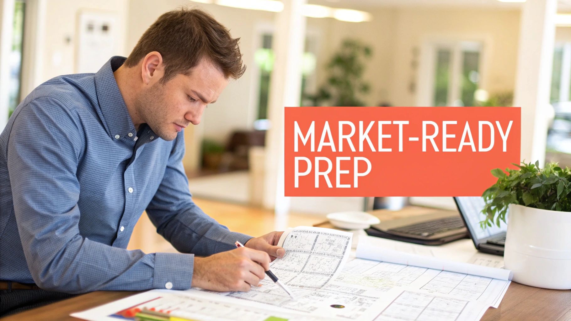 A man in a blue shirt intently reviewing architectural blueprints with a pen, with a 'MARKET-READY PREP' overlay.