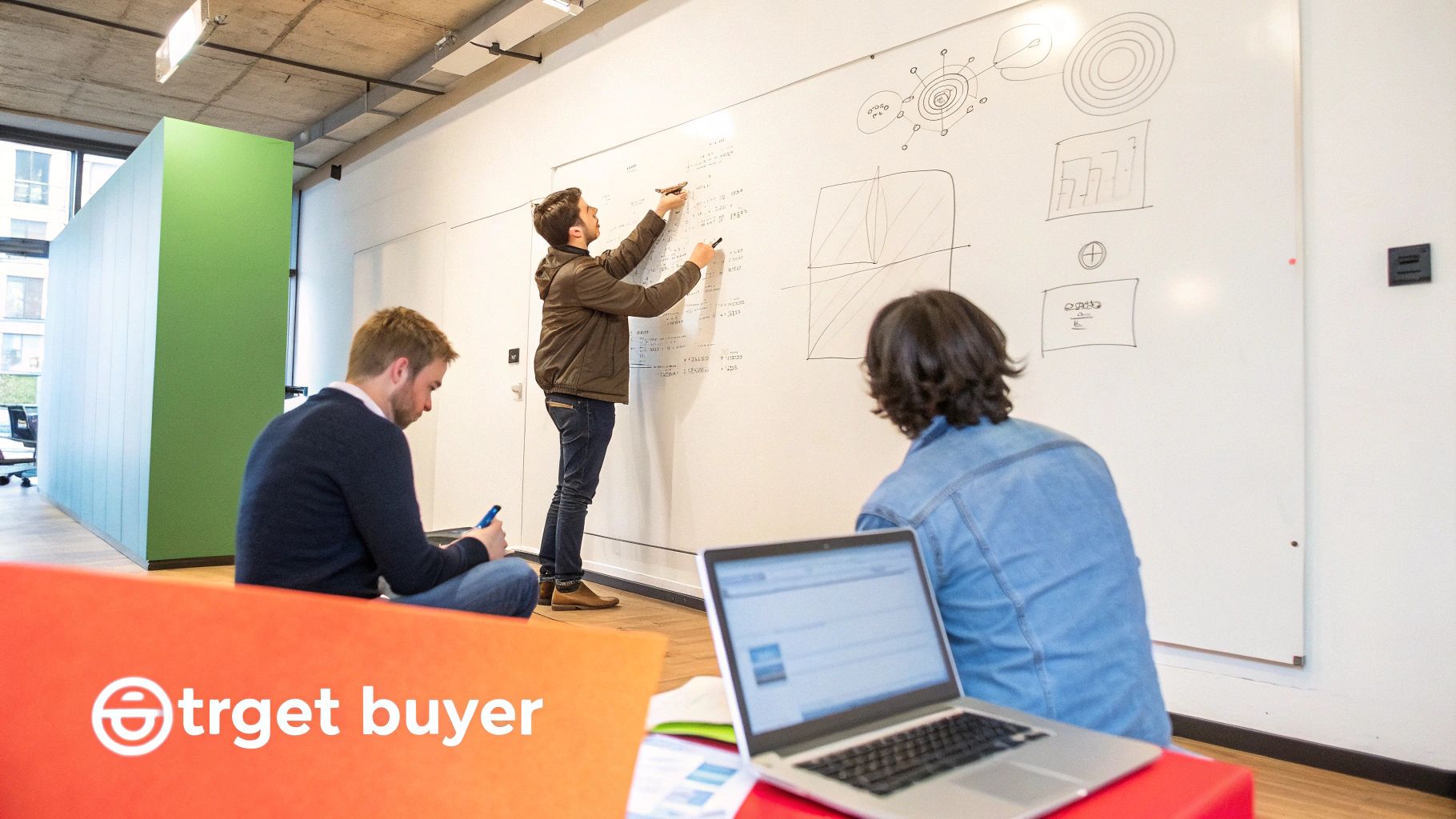 Three men collaborate in a modern office, one writing on a whiteboard, while others observe with a laptop.