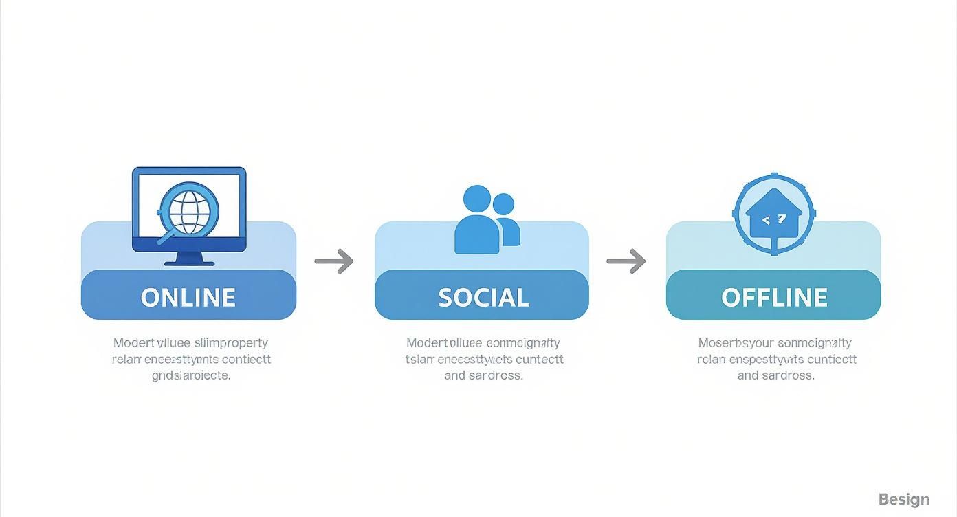 A three-step infographic illustrating a marketing process: Online (computer with globe), Social (two people), and Offline (house icon).