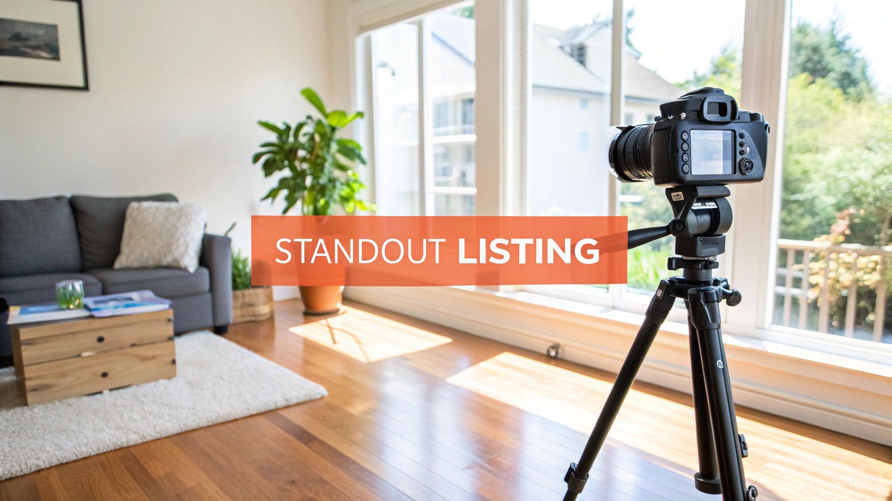 A professional camera on a tripod set up in a bright, staged living room for a standout property listing.