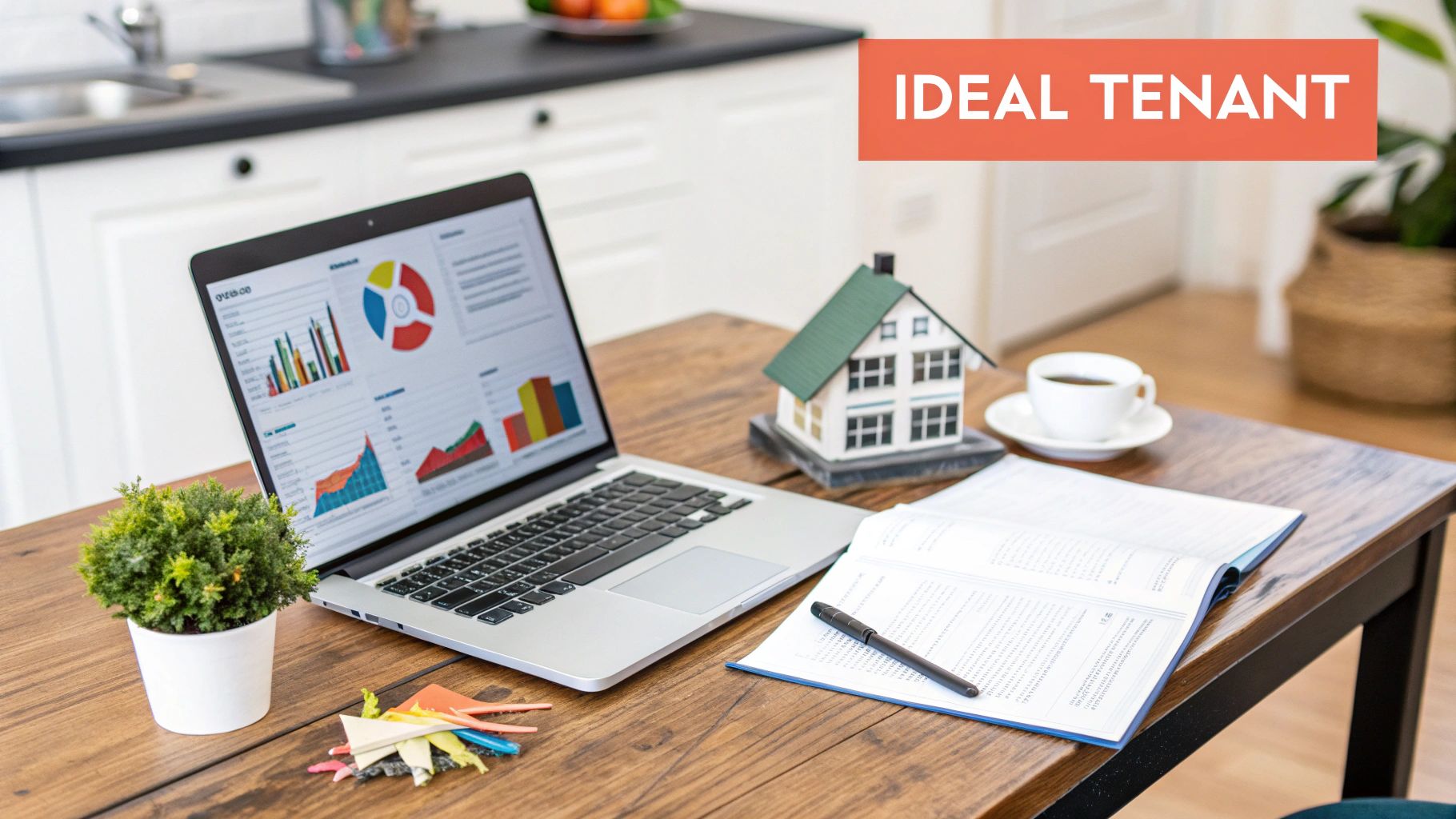 A desk with a laptop showing property analytics, a model house, and an 'IDEAL TENANT' banner.