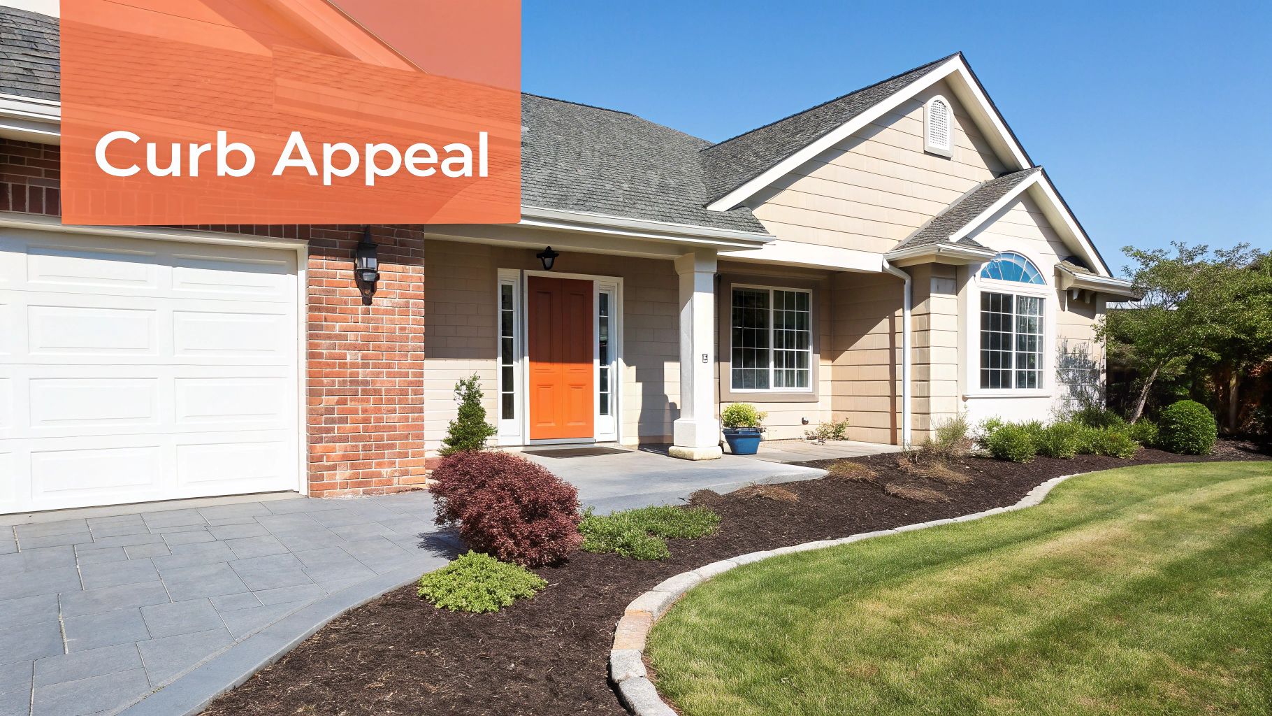 A house with excellent curb appeal, featuring an orange front door, white garage, manicured lawn, and vibrant landscaping.