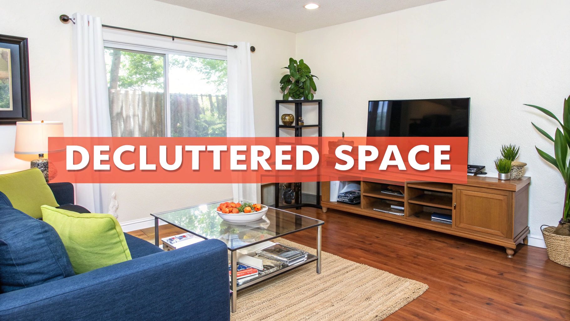 A bright and decluttered living room featuring a blue sofa, glass coffee table, and television.