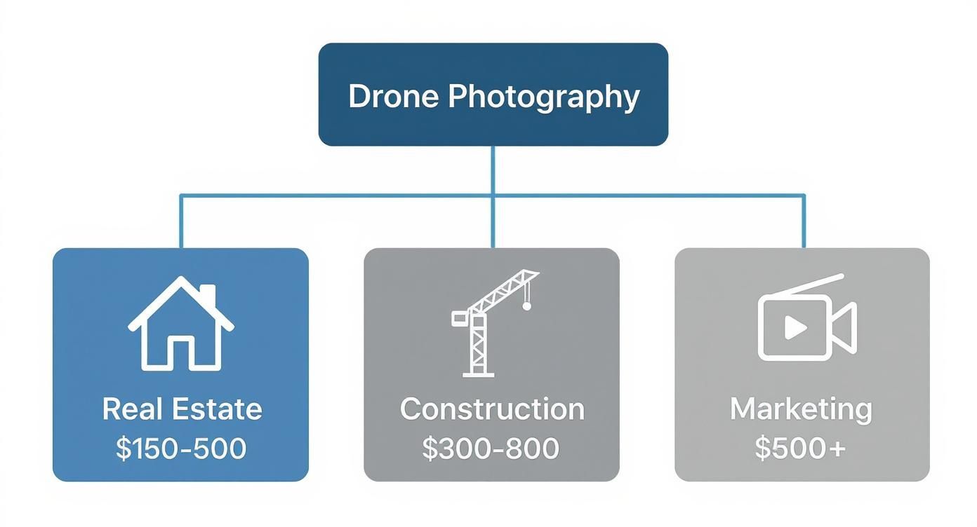 Diagram showing drone photography services and their costs for real estate, construction, and marketing.