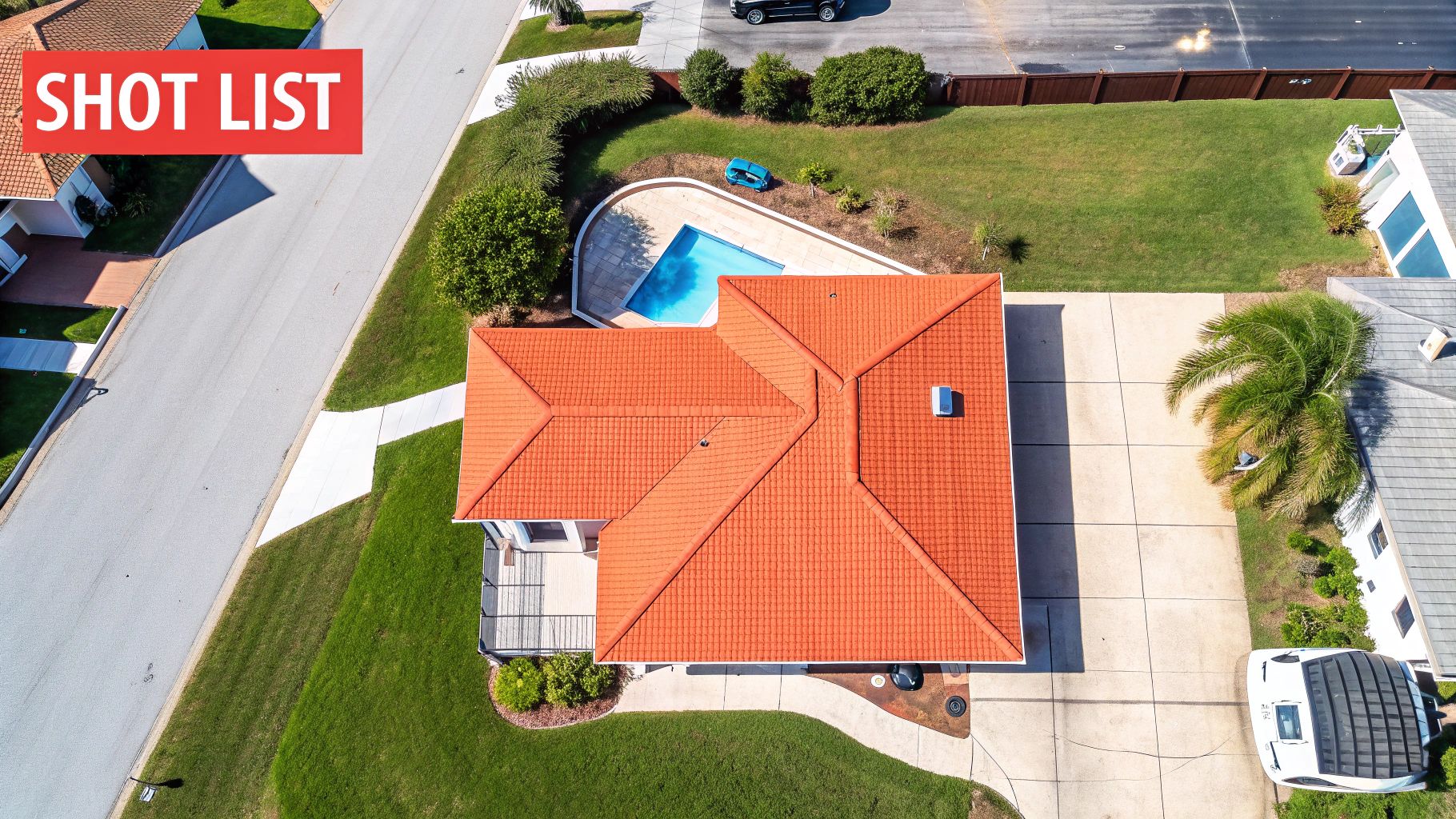 Aerial view of a residential house with a red-tiled roof, a swimming pool, and green landscaping.