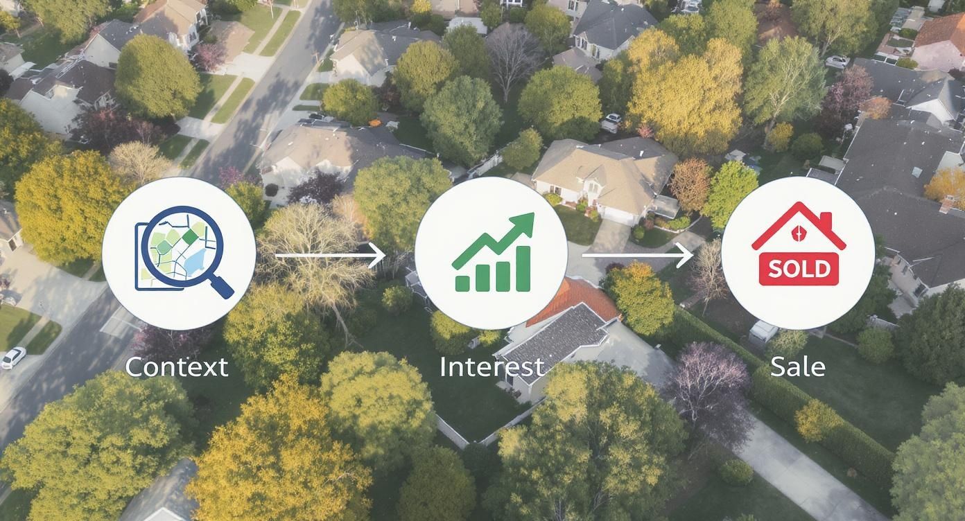 Aerial view of a suburban neighborhood showing a three-step real estate process: Context, Interest, Sale.