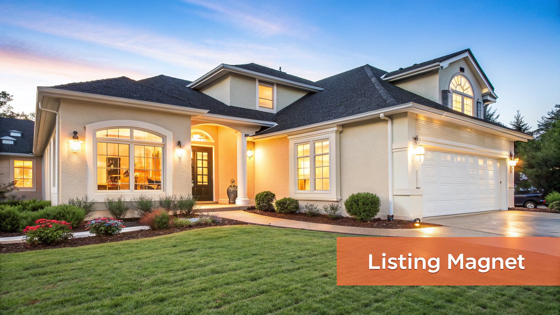 A luxurious modern house at twilight with glowing windows and outdoor lighting, surrounded by a lush green lawn.