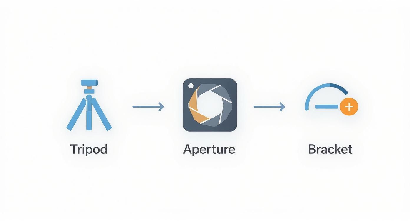 A sequence of three photography icons: a tripod, an aperture symbol, and an exposure bracketing indicator.