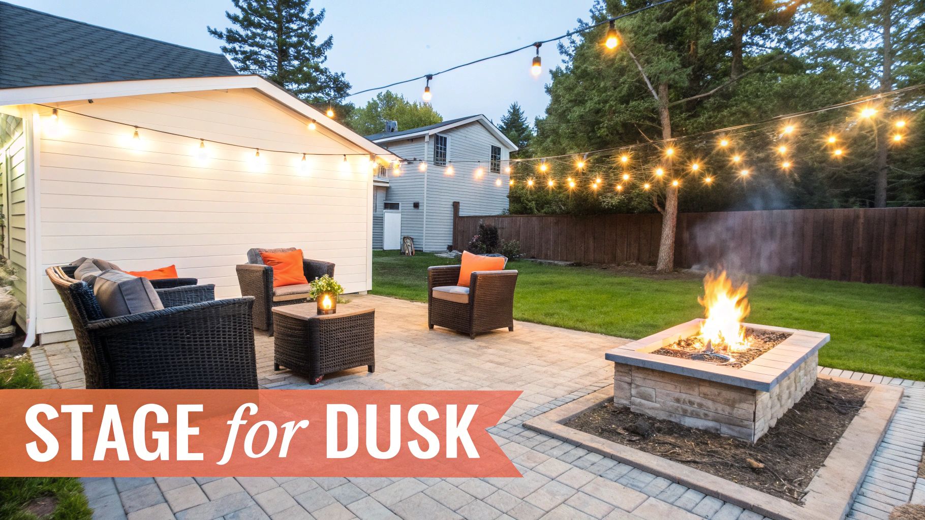 A cozy backyard patio at dusk with string lights, a fire pit, and comfortable outdoor seating.