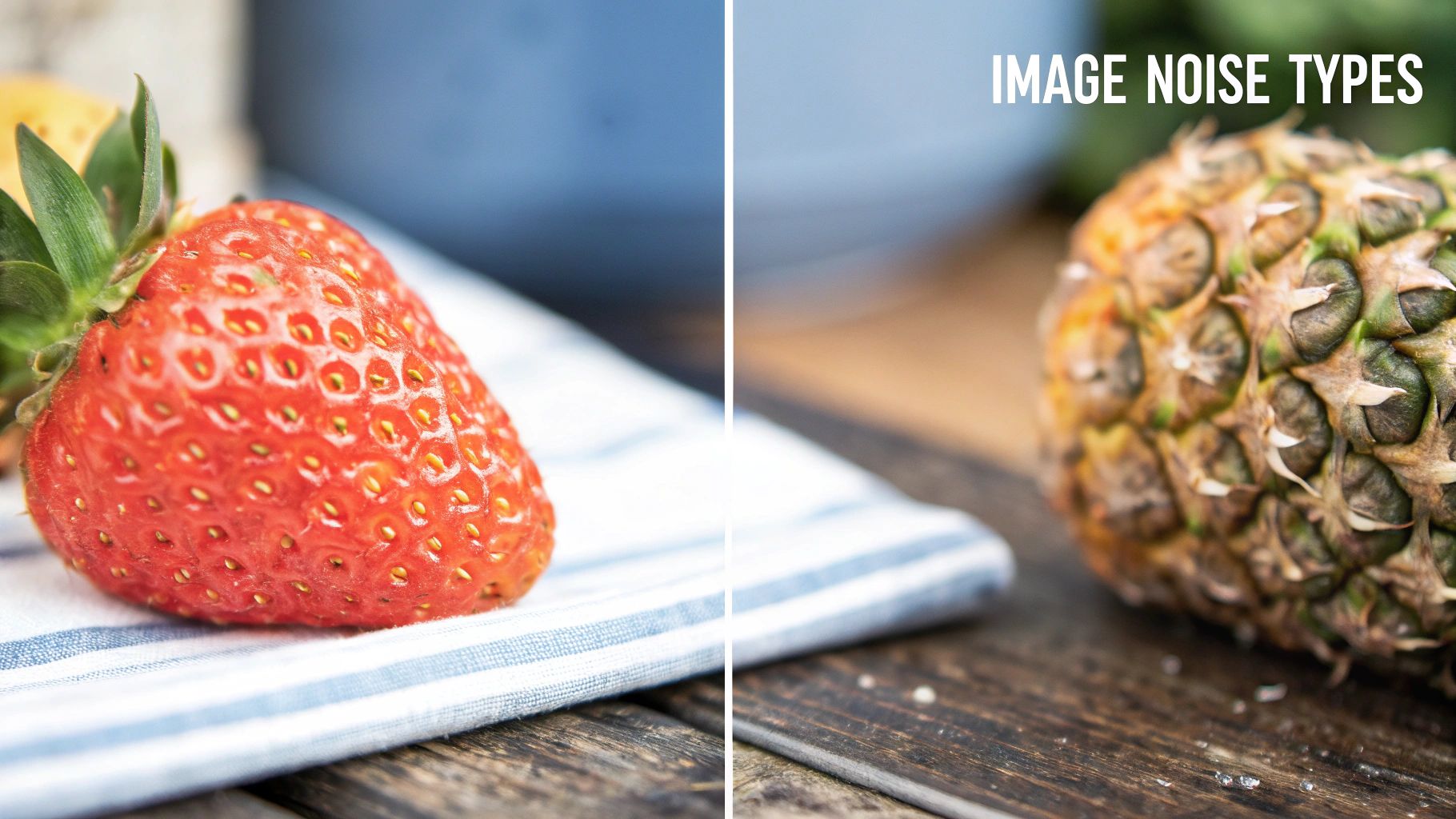 A split image displaying a ripe red strawberry on a striped cloth, and a pineapple with 'IMAGE NOISE TYPES' text.