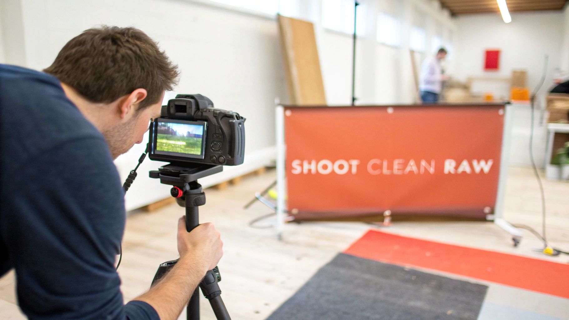 A person is looking at a camera screen on a tripod, with an orange banner reading 'SHOOT CLEAN RAW' in the background.