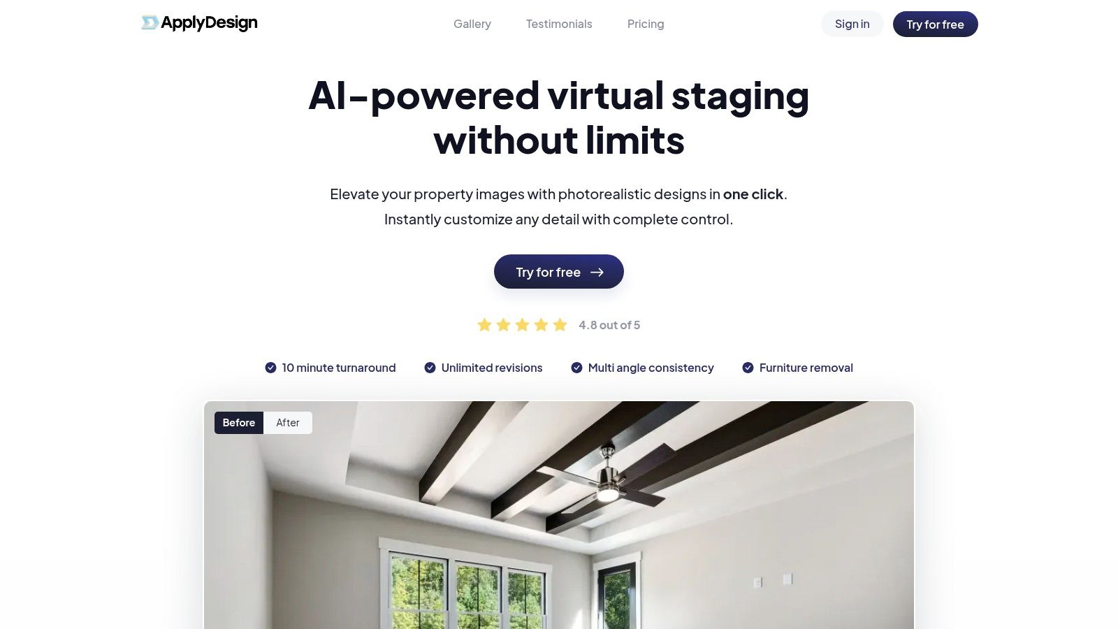 Apply Design's virtual staging editor showing furniture placement in a living room.
