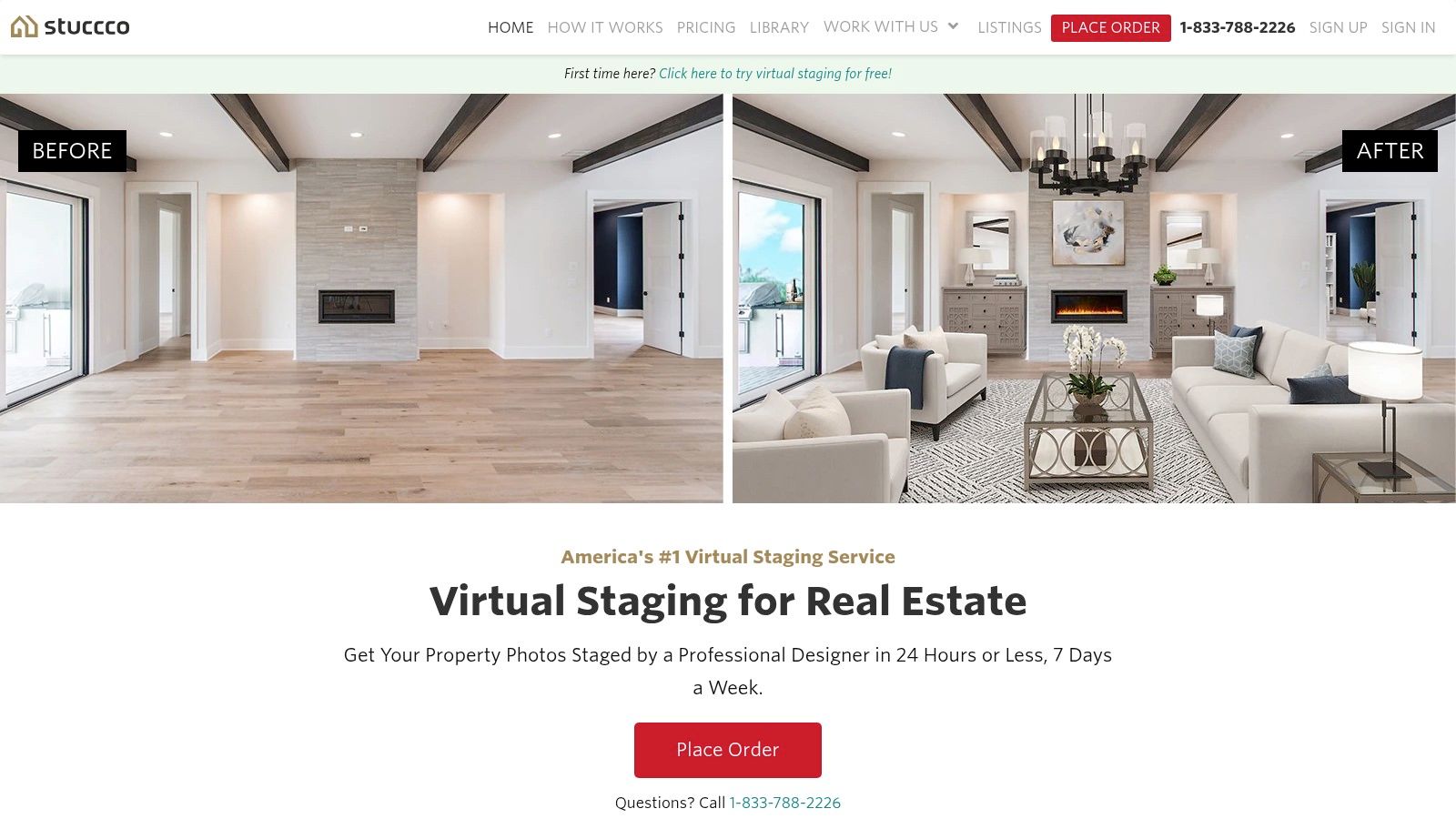 A virtually staged modern living room by Stuccco, showing a clean and stylish design.