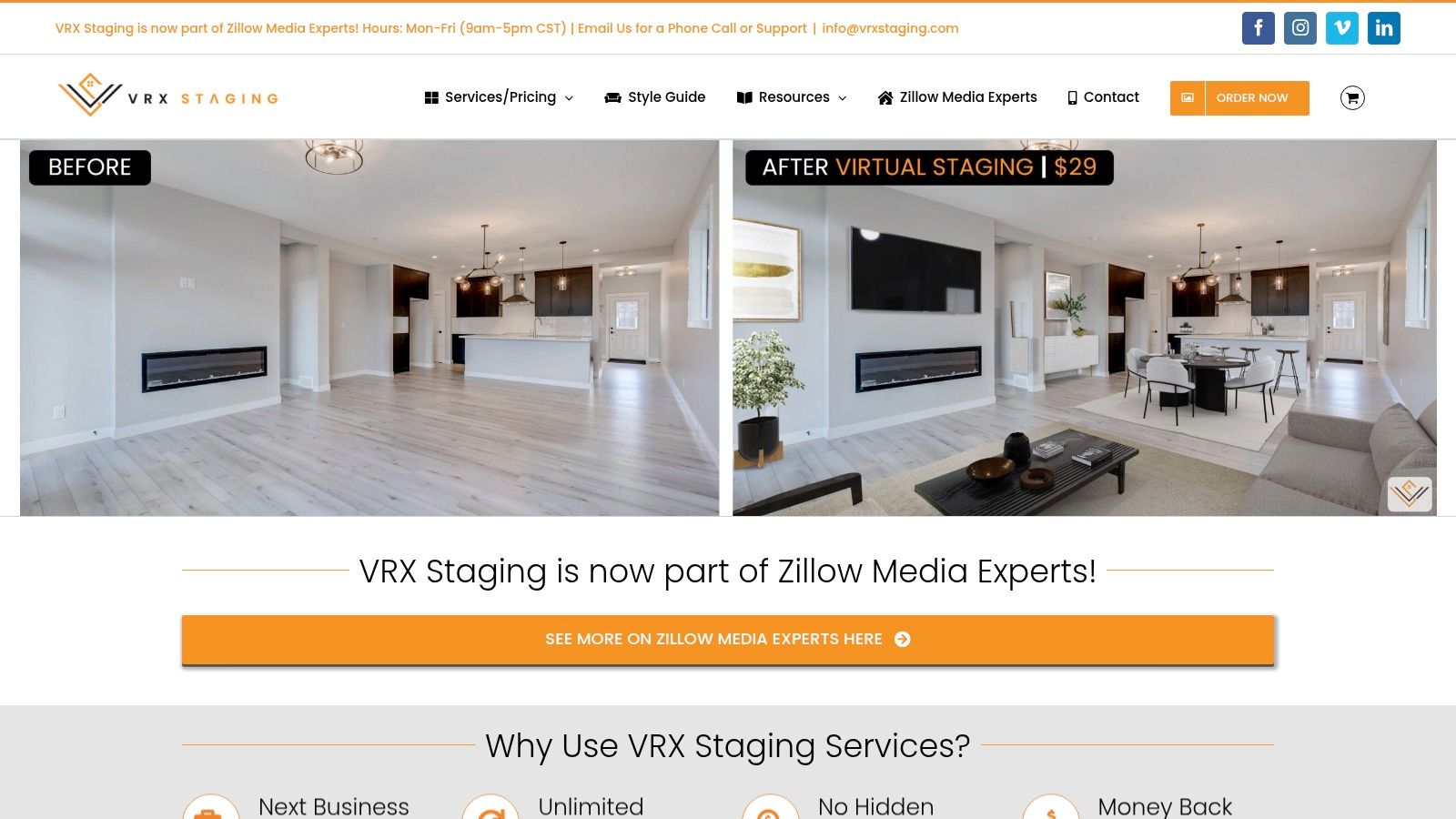 VRX Staging example showing a virtually staged modern living room.