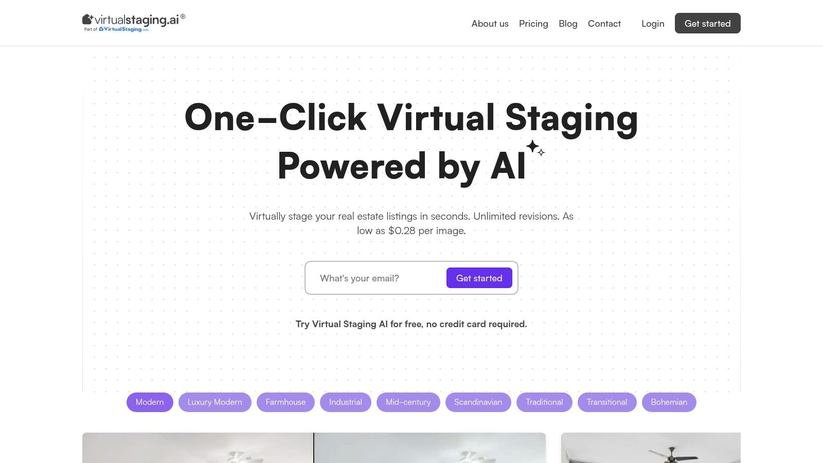 VirtualStaging.ai dashboard showing an AI-staged living room.