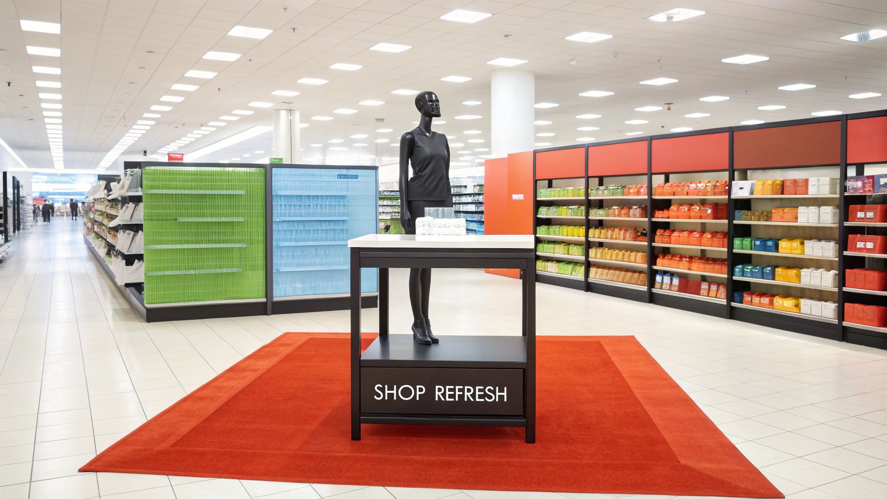 A black mannequin stands at a "SHOP REFRESH" display table in a brightly lit retail store with colorful product shelves.
