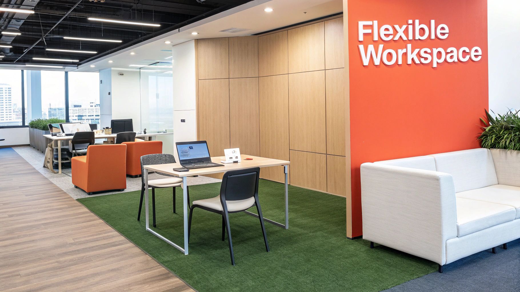 A modern office with flexible workspaces, orange accent chairs, a green carpet, and a white sofa.