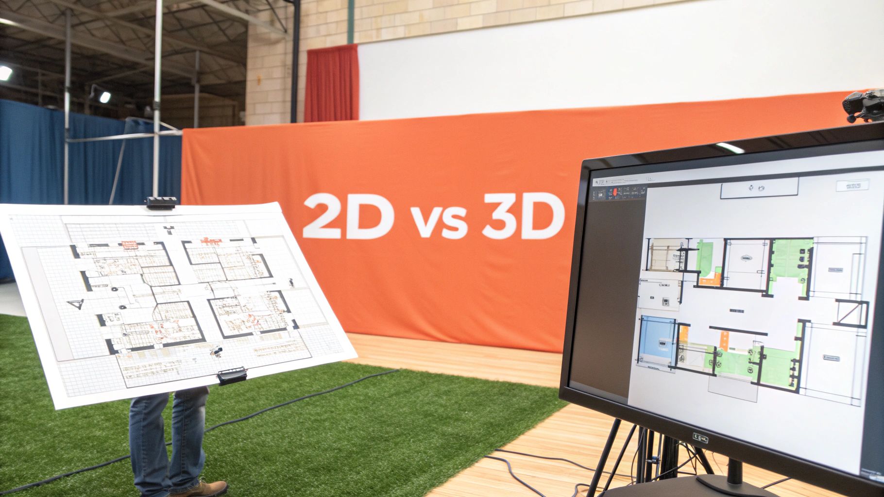 Indoor exhibit showing a printed floor plan beside a computer displaying a rendered floor plan, with a "2D vs 3D" banner.