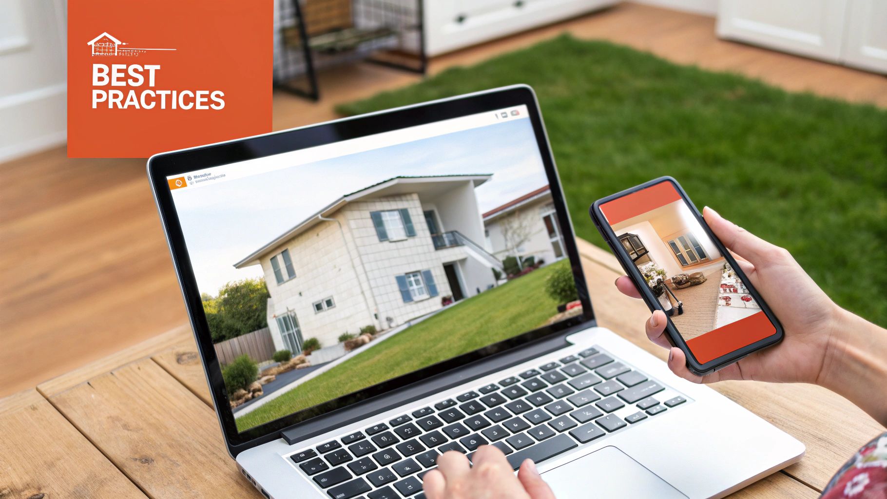 Person views a house exterior on a laptop and an interior room on a smartphone, displaying real estate practices.