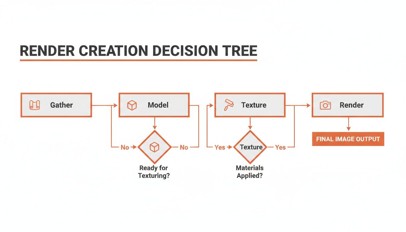 Flowchart illustrating the 3D render creation process, from gathering initial data to final image output.