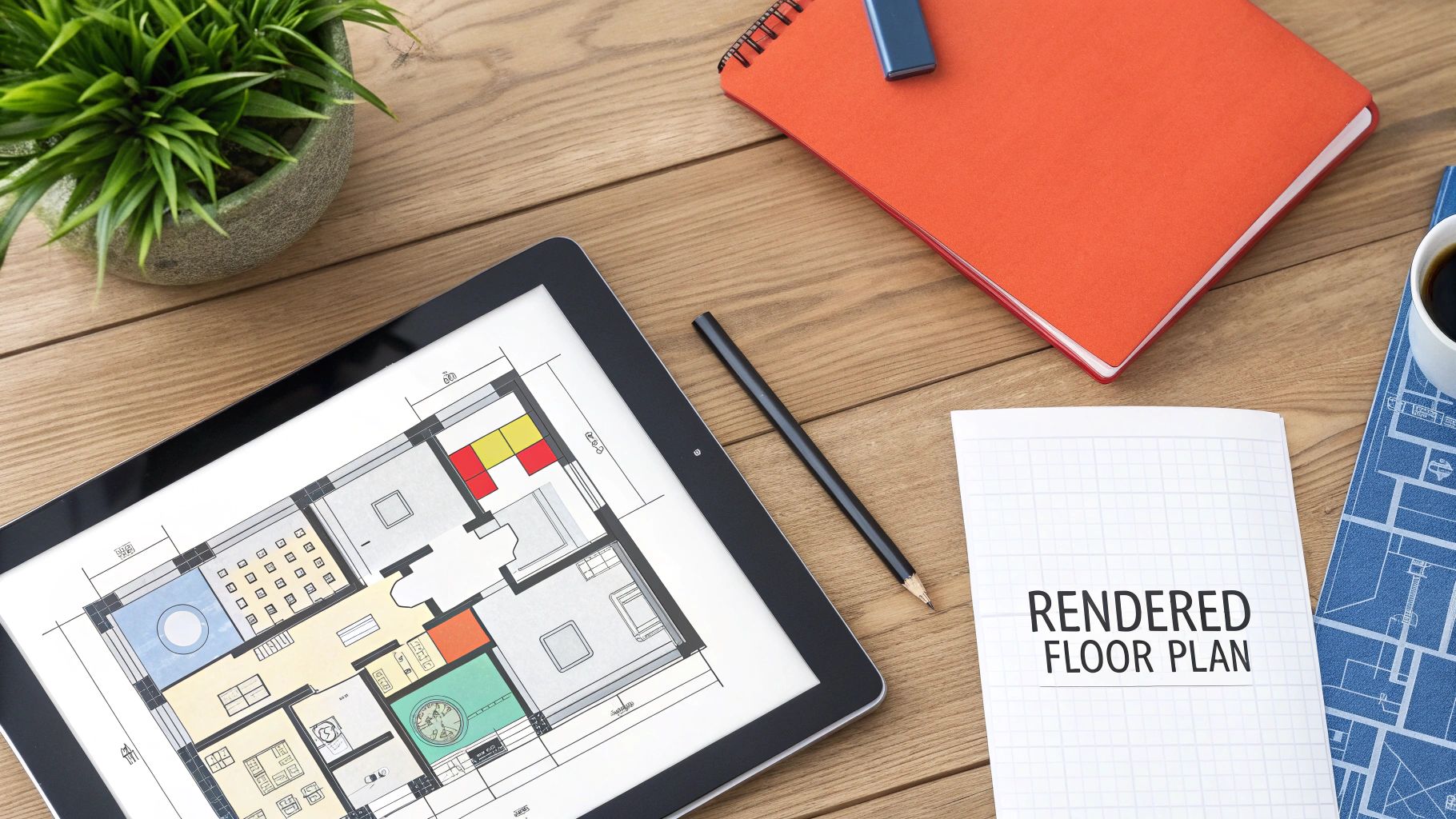 Overhead view of a wooden desk with a tablet displaying a colorful rendered floor plan, plant, and notebook.