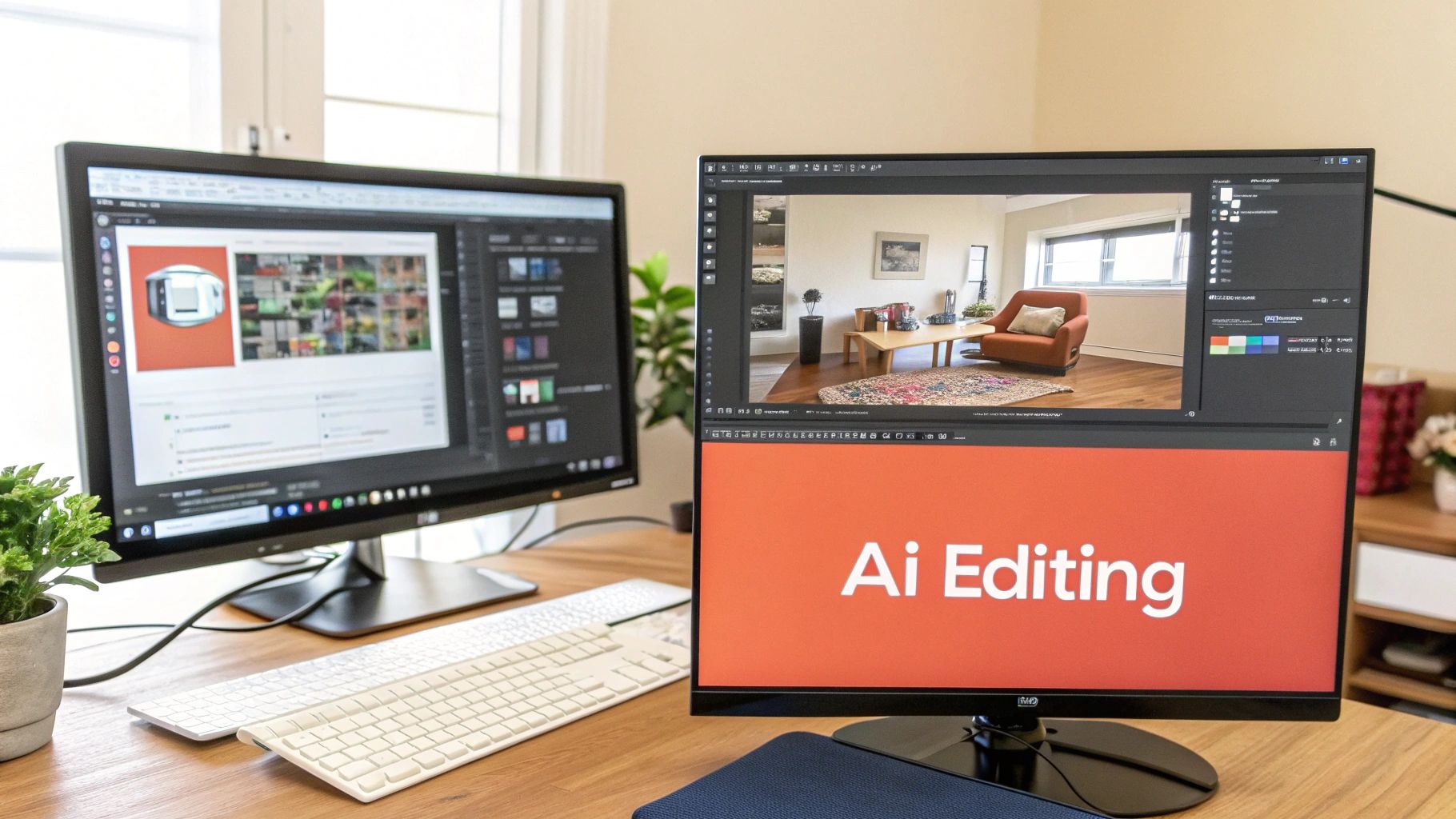 Two computer monitors on a wooden desk, one displaying 'Ai Editing' text, within a bright workspace.